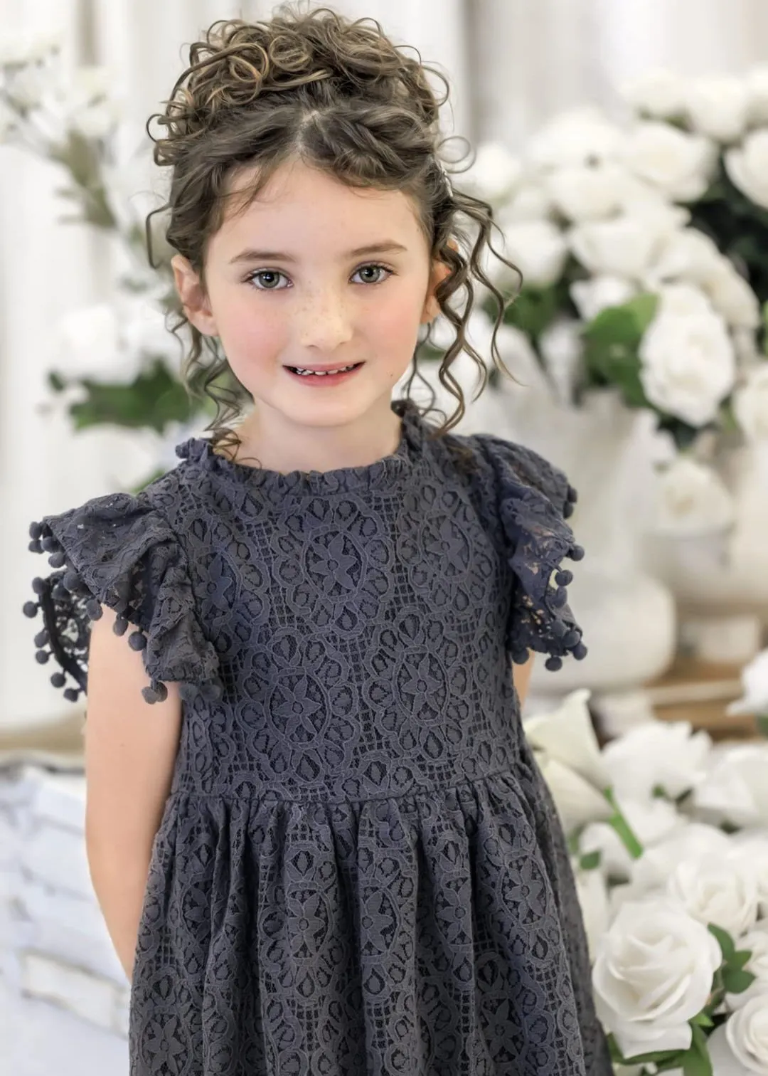 Sunflower Lace Pom Pom Trim Girl Dress in Dark Gray