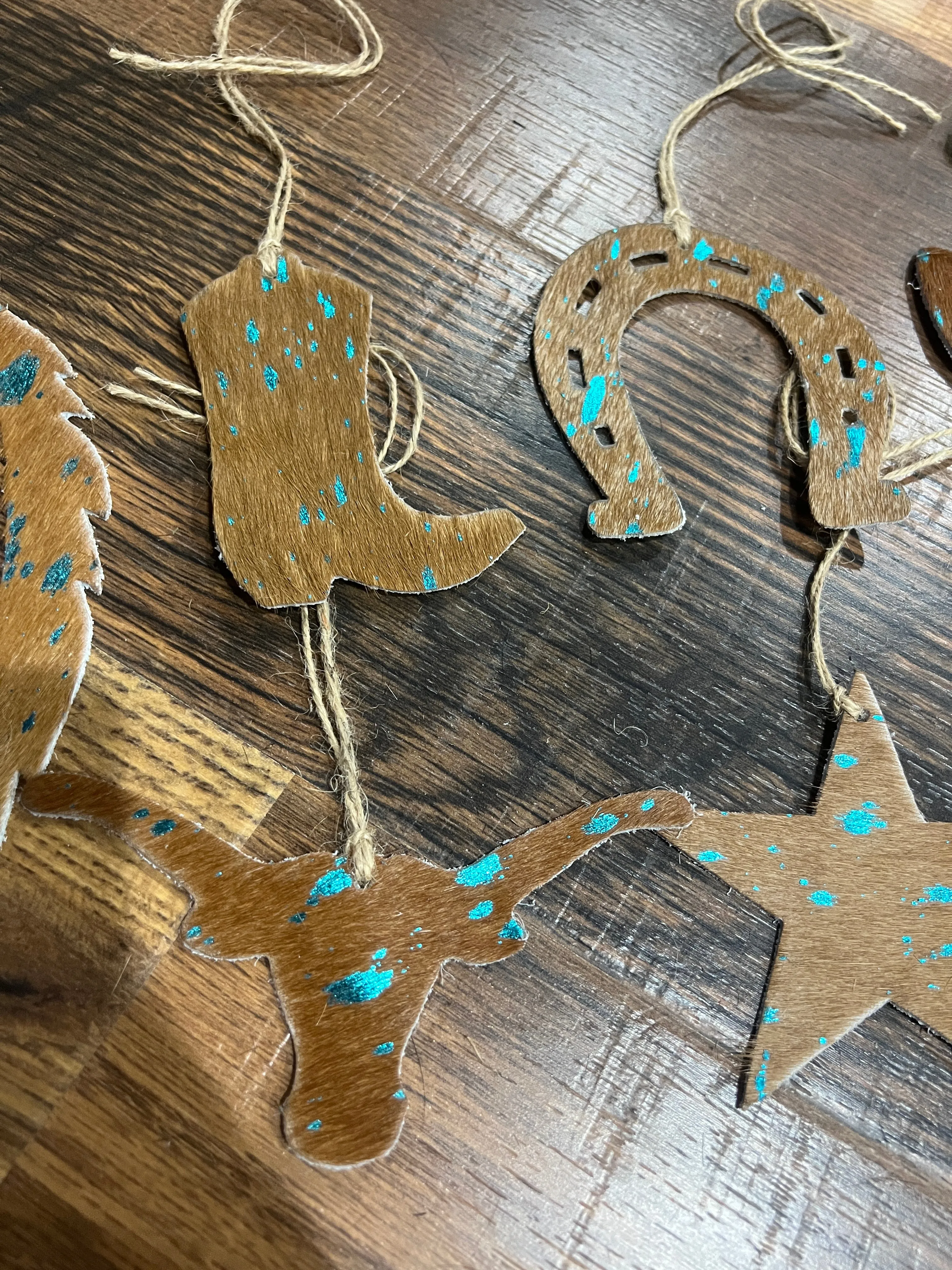 TEAL/BROWN ACID WASH Leather Cowhide  Christmas Ornament - Sold Individually