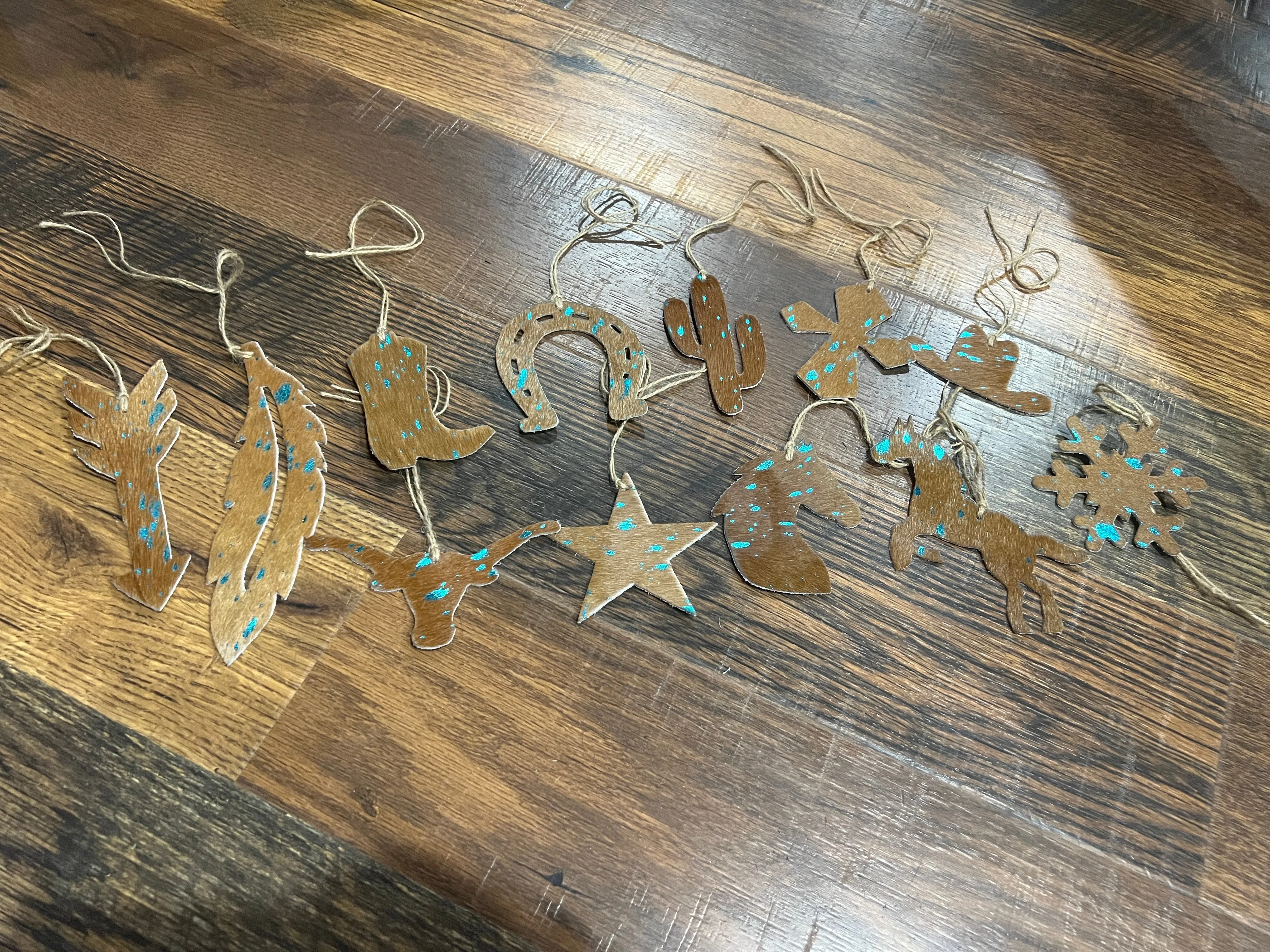 TEAL/BROWN ACID WASH Leather Cowhide  Christmas Ornament - Sold Individually