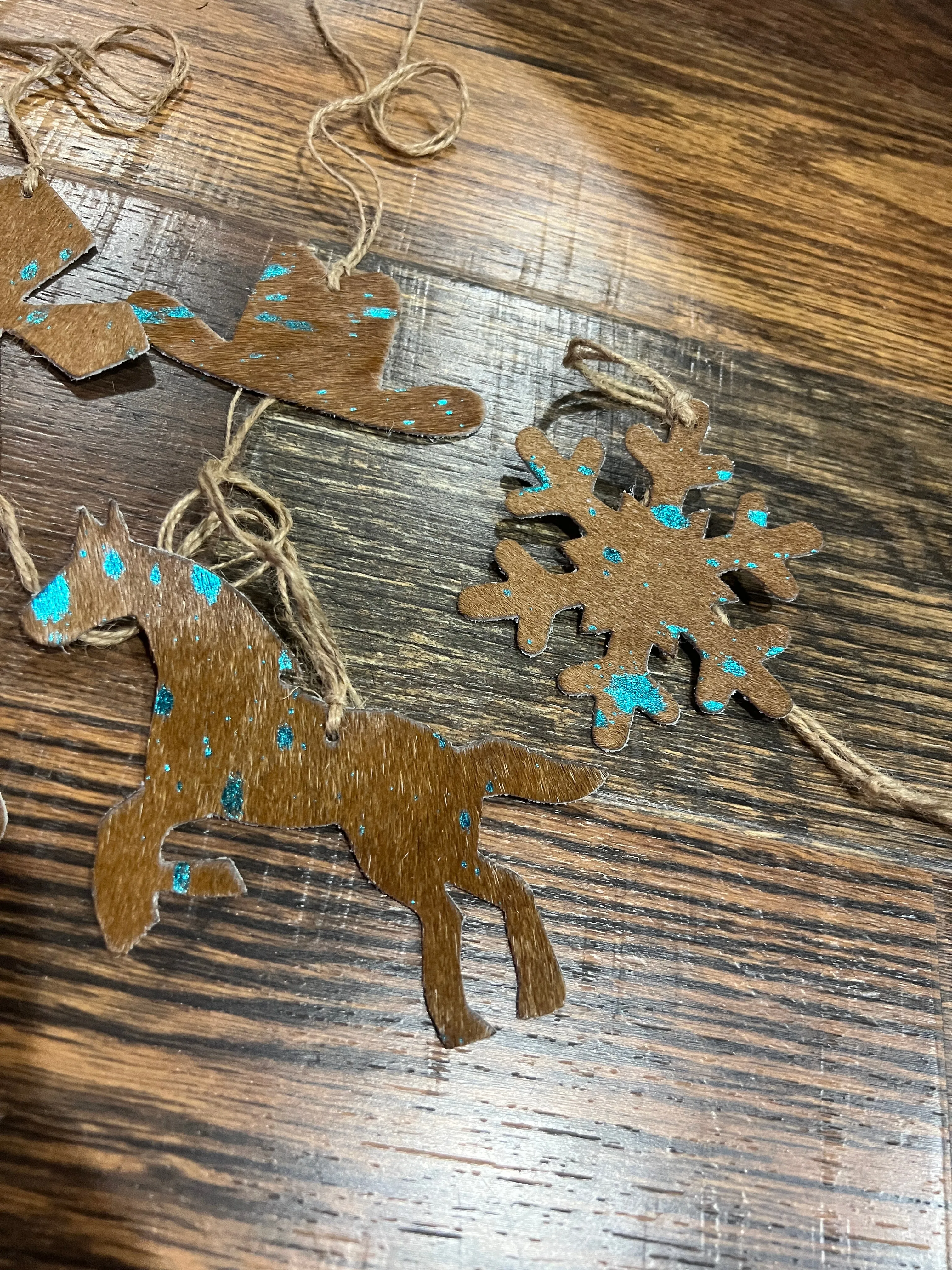 TEAL/BROWN ACID WASH Leather Cowhide  Christmas Ornament - Sold Individually