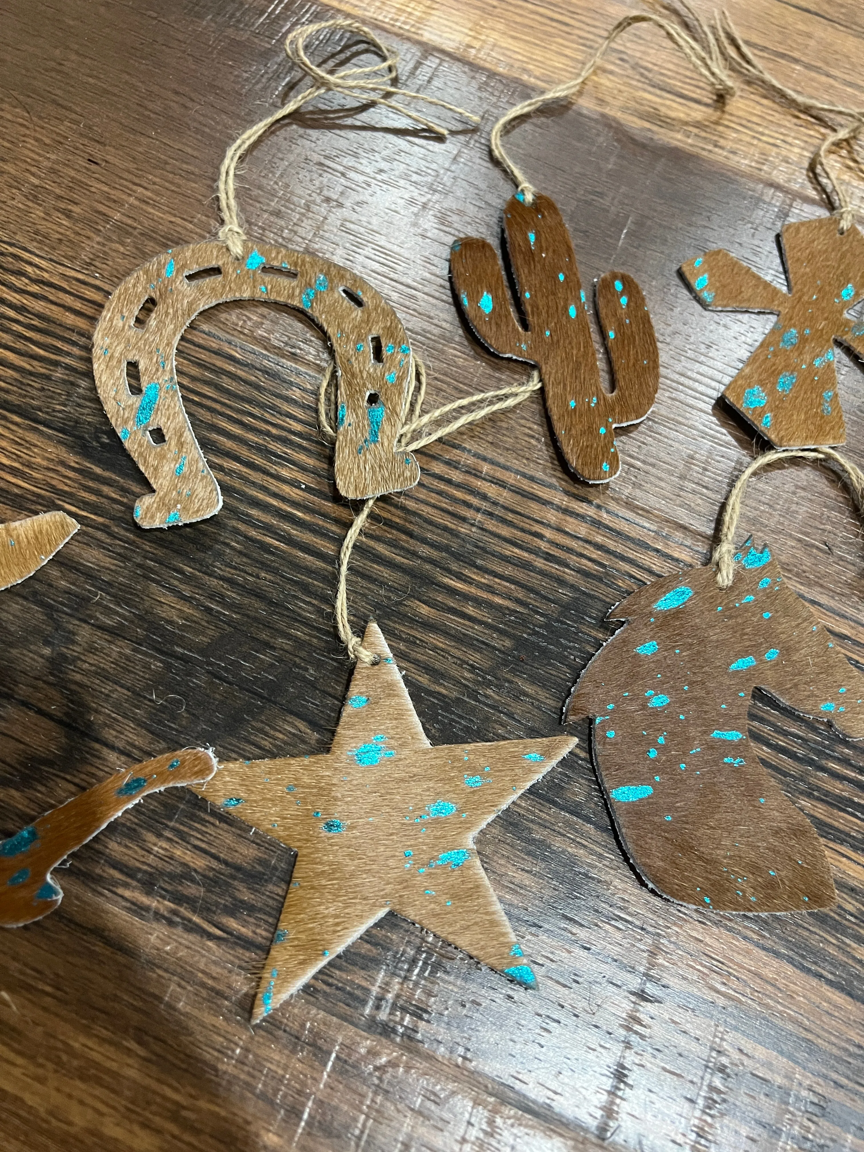TEAL/BROWN ACID WASH Leather Cowhide  Christmas Ornament - Sold Individually