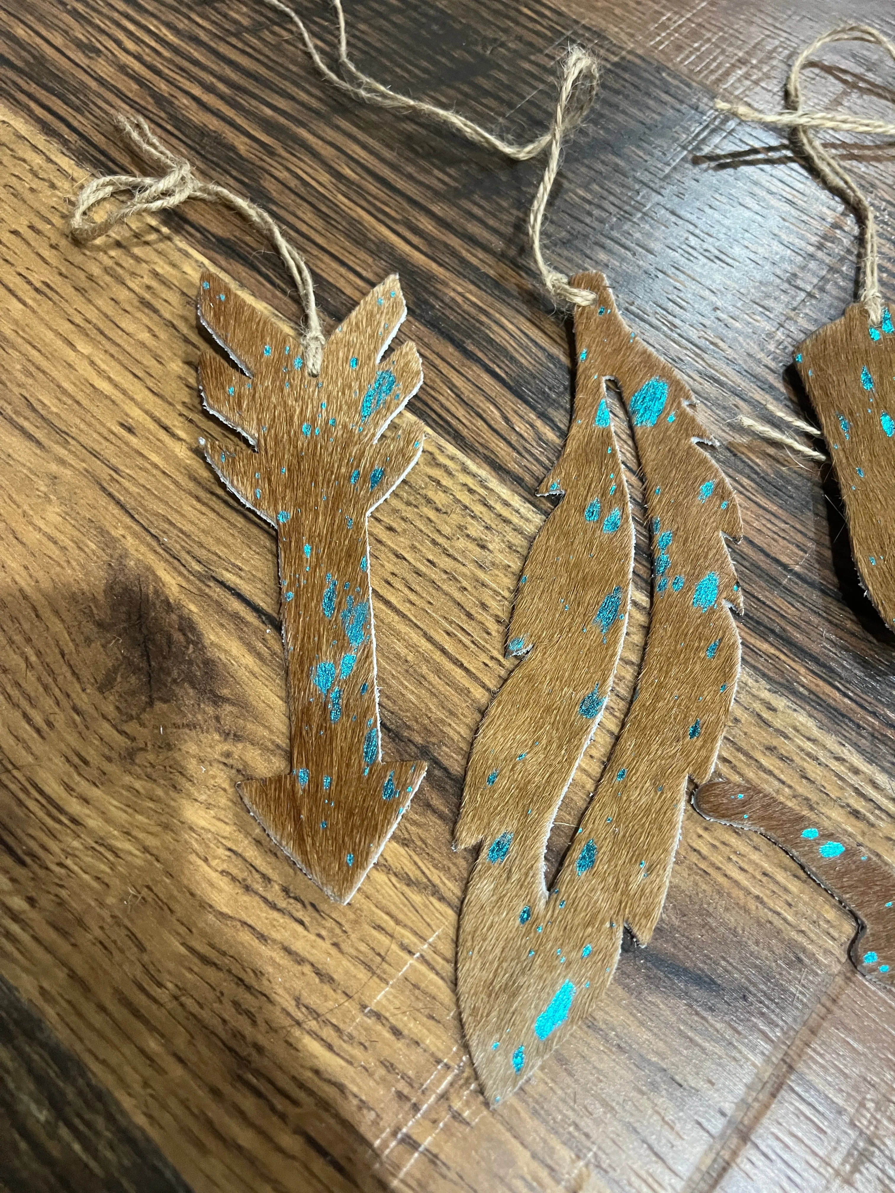 TEAL/BROWN ACID WASH Leather Cowhide  Christmas Ornament - Sold Individually