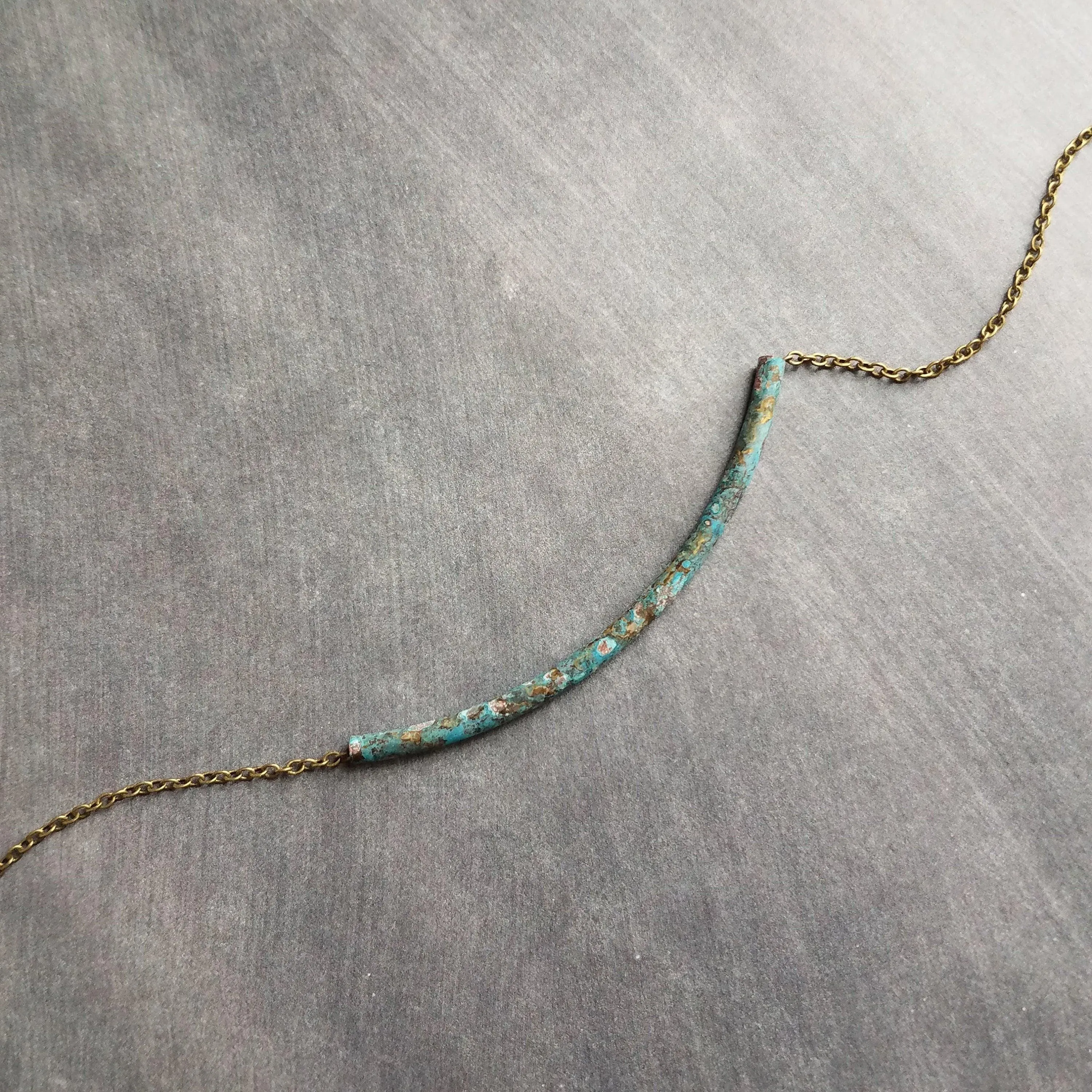 Tube Necklace, verdigris patina necklace, patina tube necklace, simple tube necklace, noodle necklace, aqua patina necklace, long thin tube
