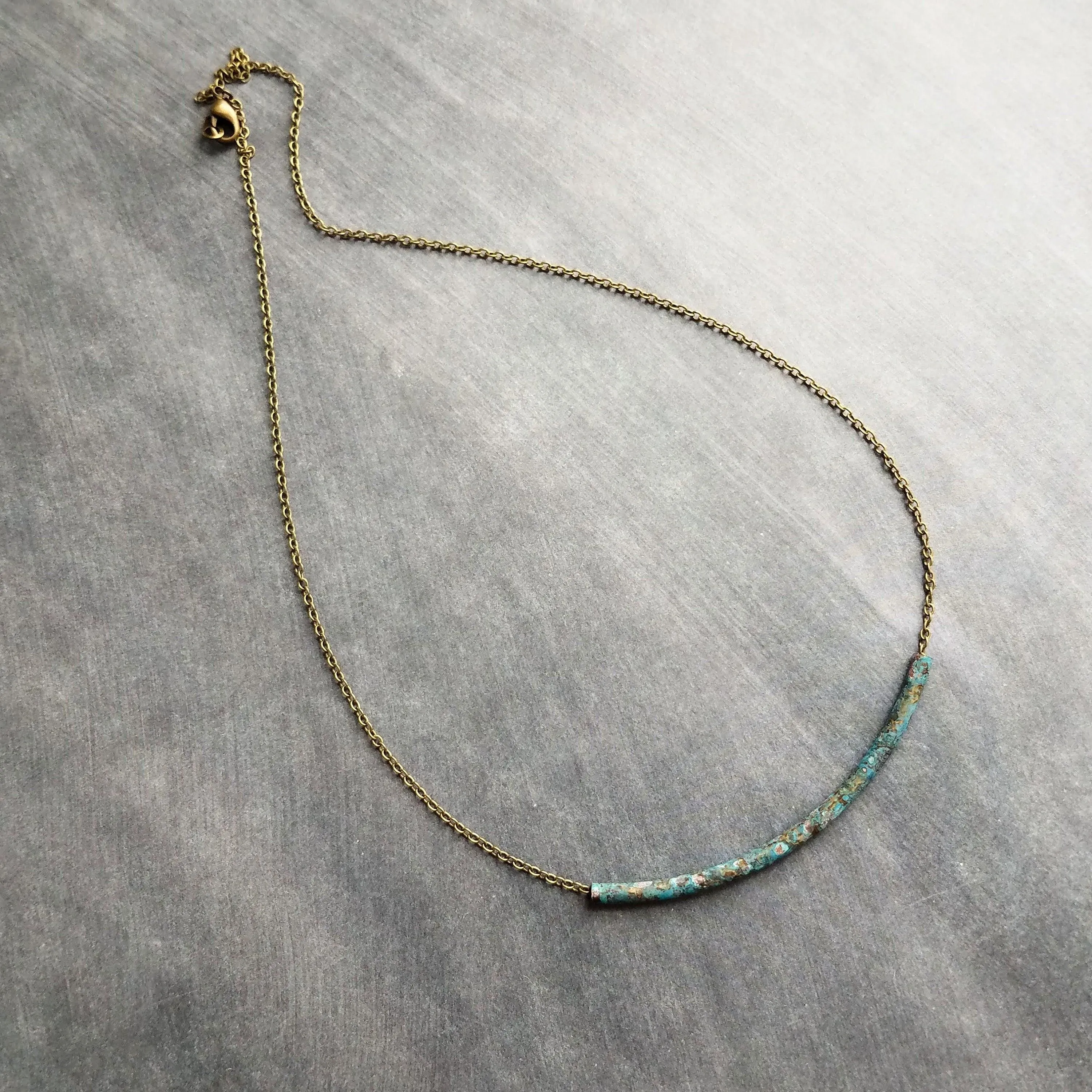 Tube Necklace, verdigris patina necklace, patina tube necklace, simple tube necklace, noodle necklace, aqua patina necklace, long thin tube