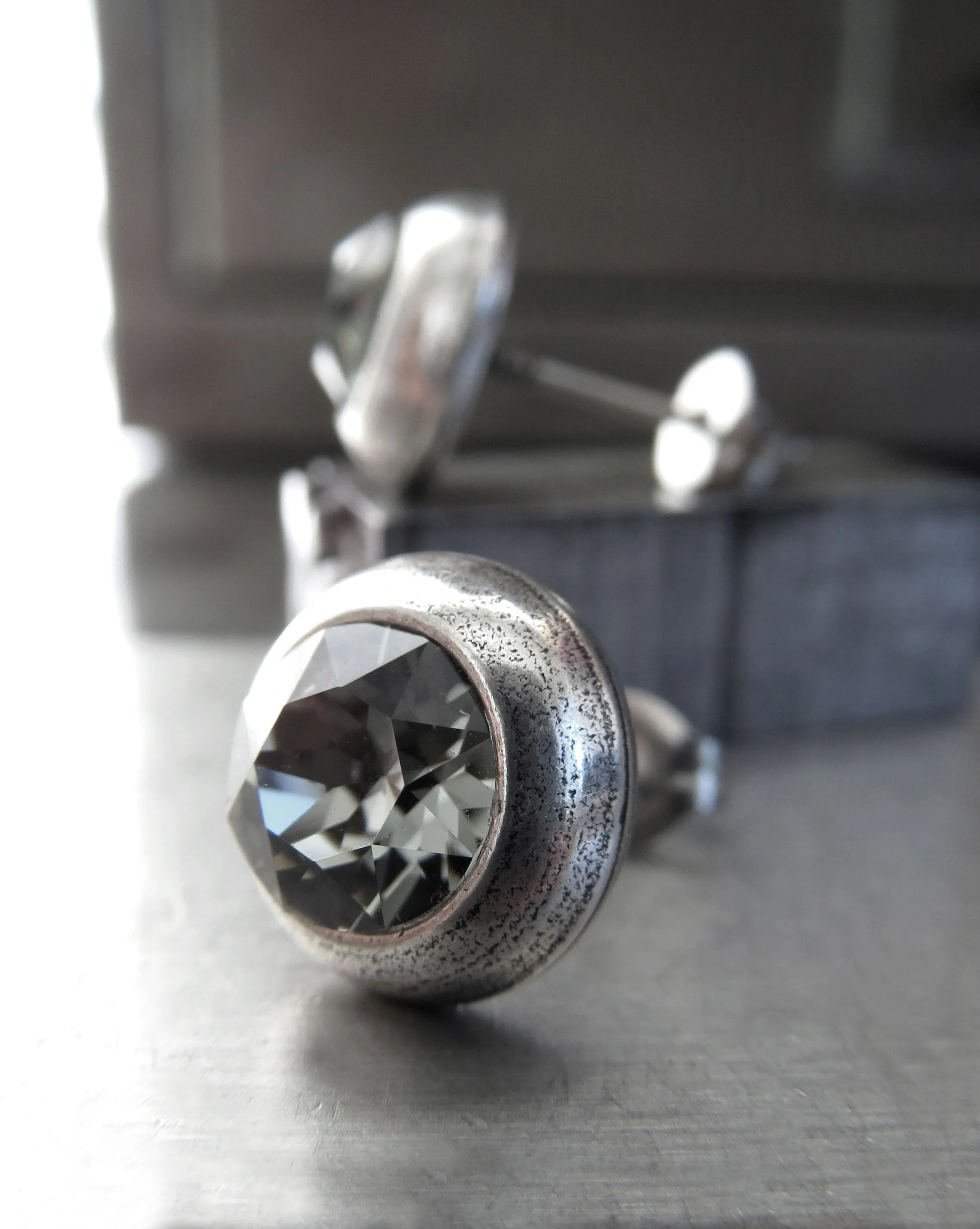 Ultra Modern Black Diamond Crystal Stud Earrings - Antiqued Silver