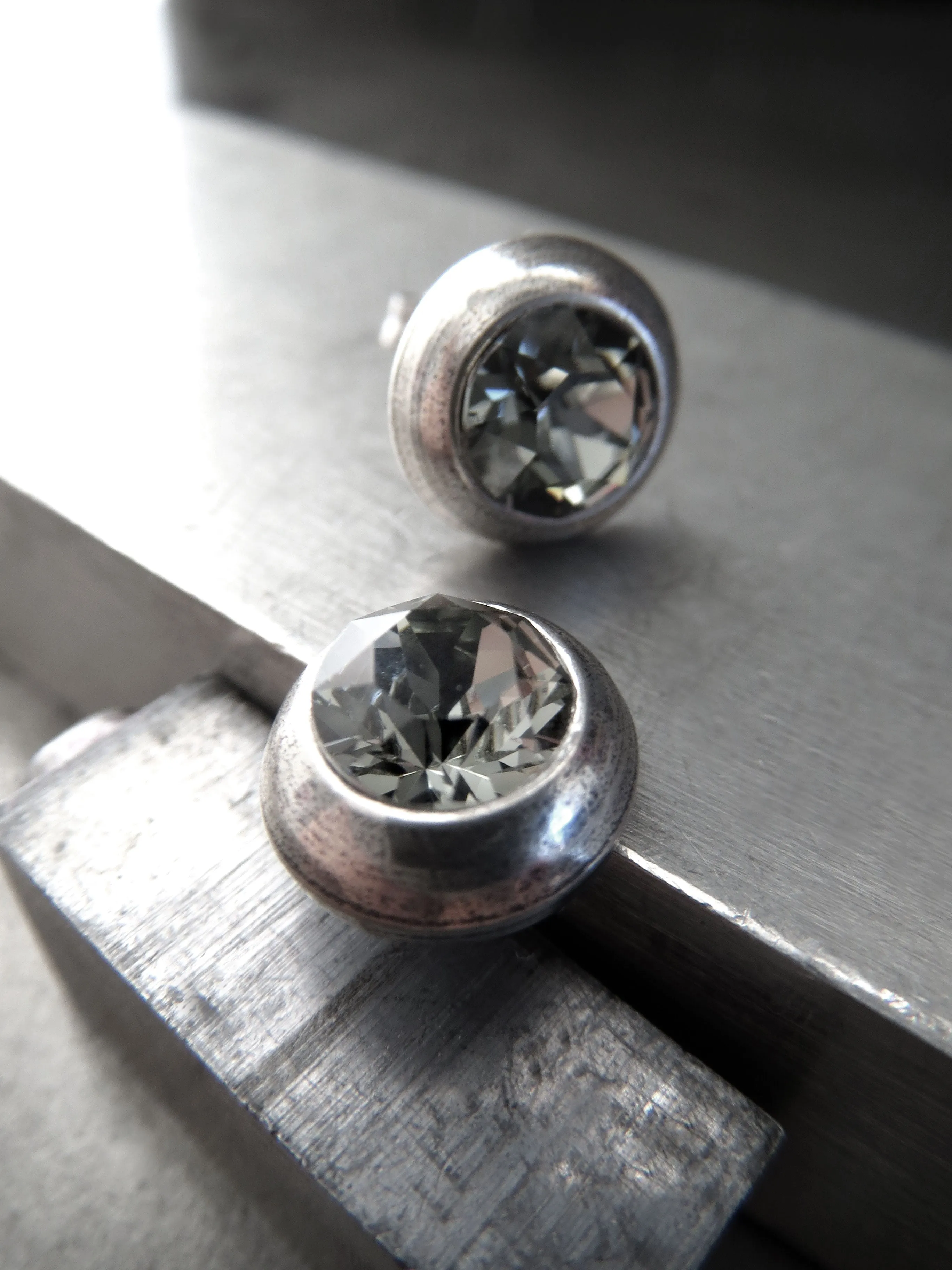 Ultra Modern Black Diamond Crystal Stud Earrings - Antiqued Silver