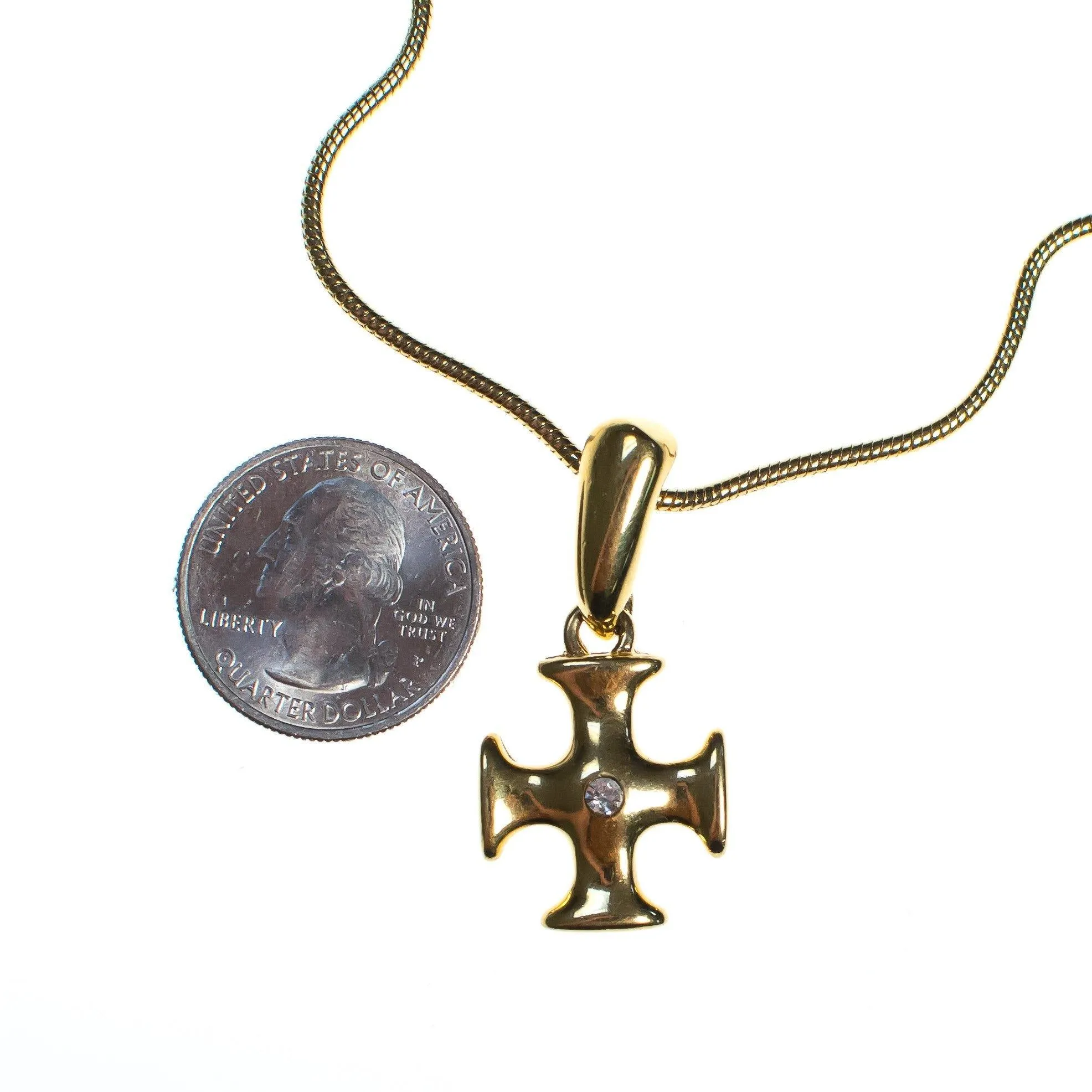 Vintage 1980s Napier Modernist Gold Cross Pendant Necklace, Pendant with Diamante Crystal, Gold Tone Rope Chain, Lobster Claw Clasp