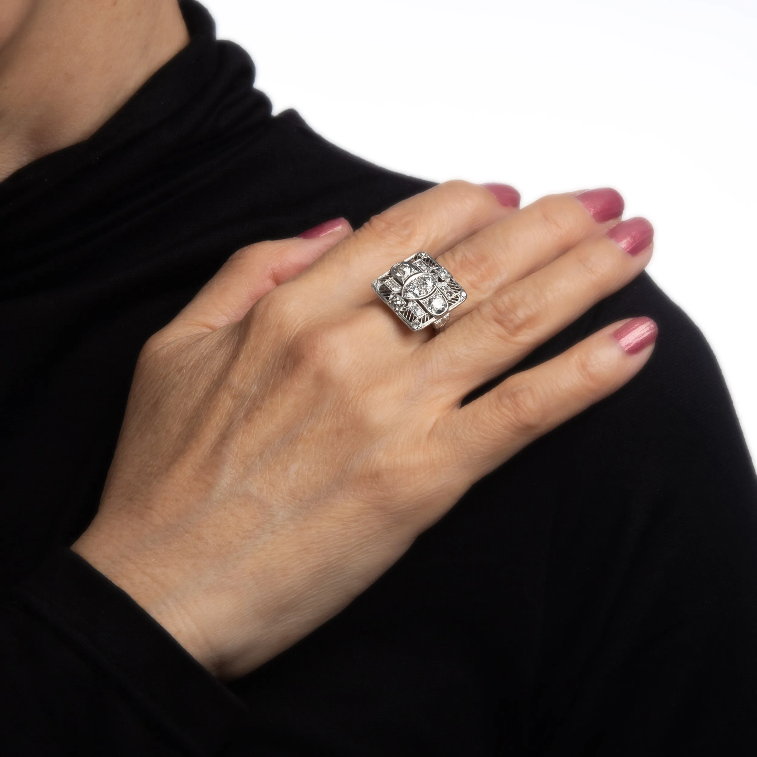 Vintage Art Deco 1.50ct Diamond Ring Platinum Sz 5.75 Large Square Dinner