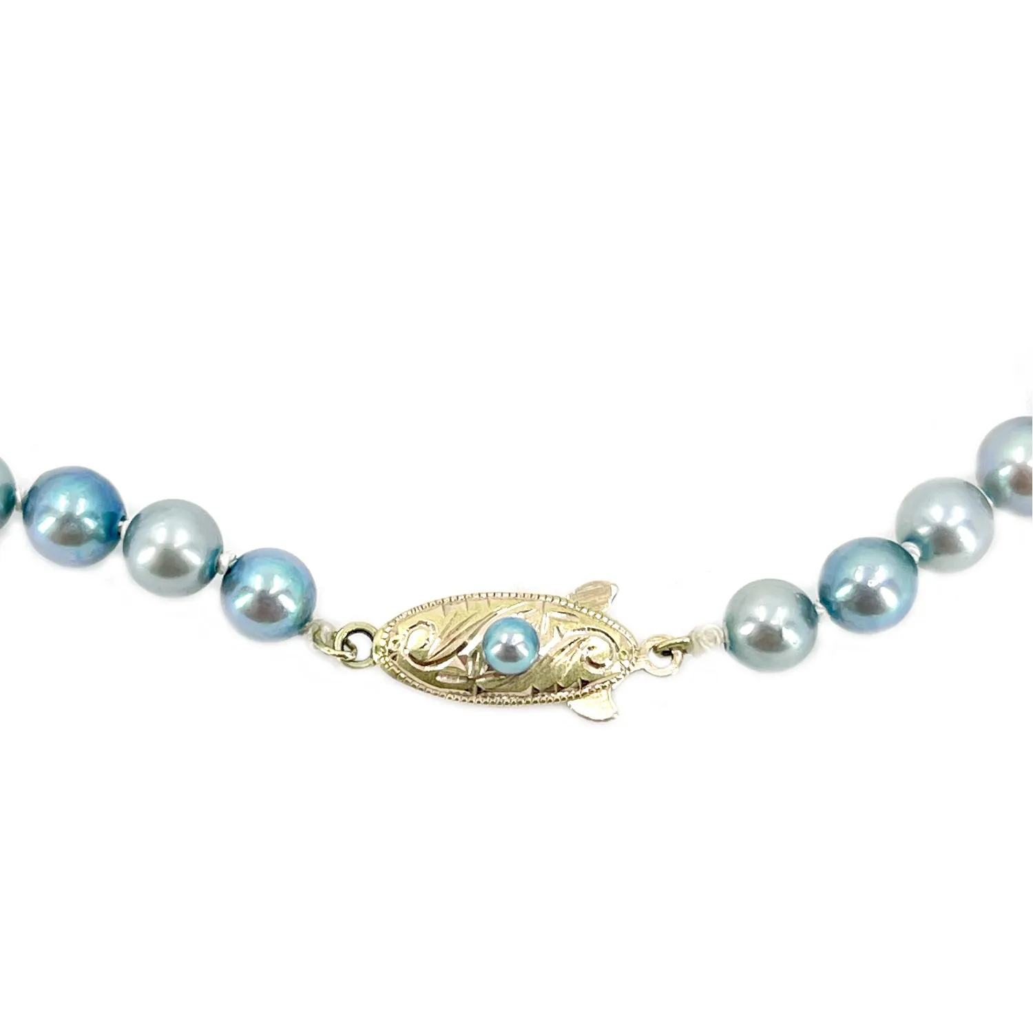 Vintage Deco Blue Japanese Cultured Akoya Pearl Graduated Engraved Necklace - 14K Yellow Gold 17 Inch