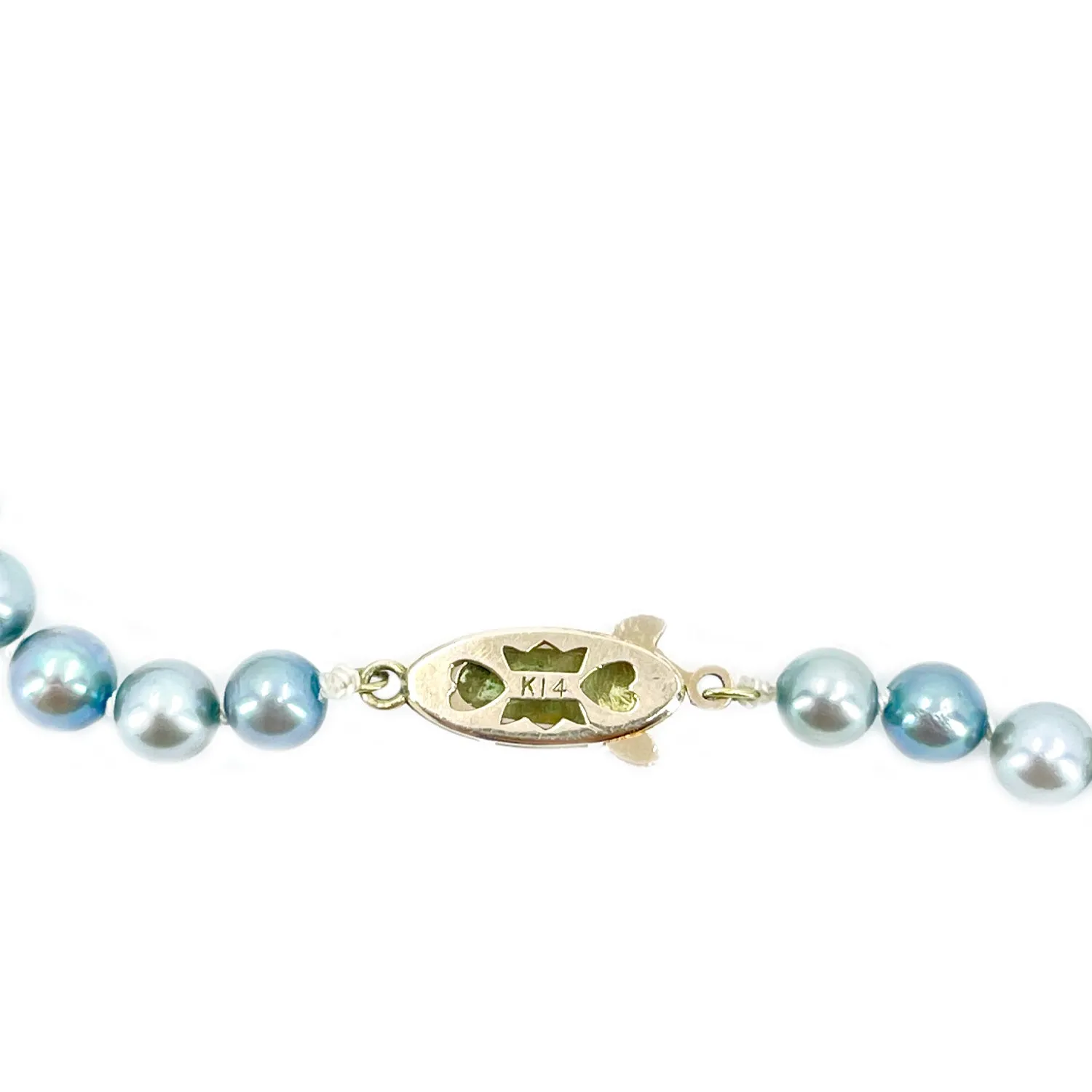 Vintage Deco Blue Japanese Cultured Akoya Pearl Graduated Engraved Necklace - 14K Yellow Gold 17 Inch