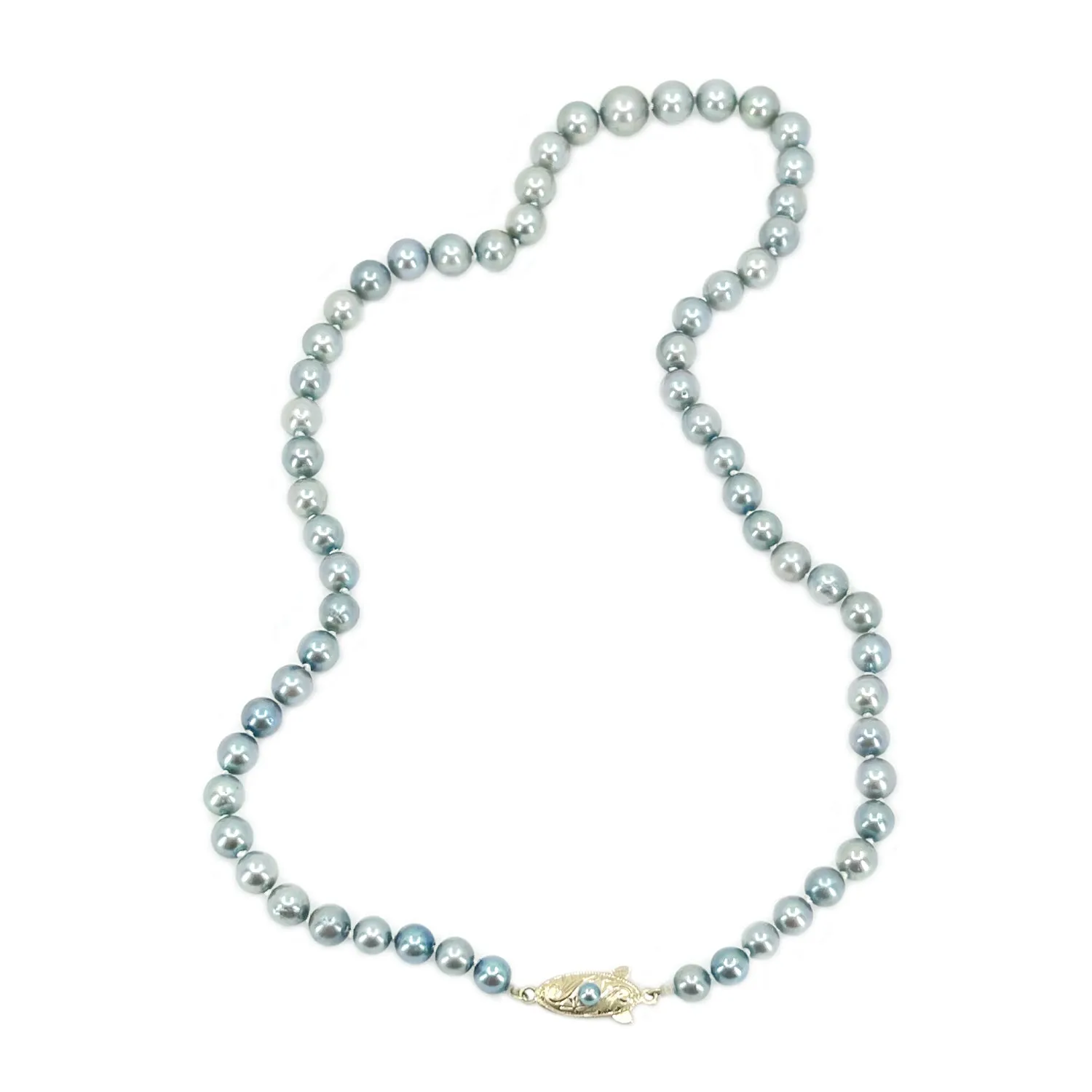 Vintage Deco Blue Japanese Cultured Akoya Pearl Graduated Engraved Necklace - 14K Yellow Gold 17 Inch