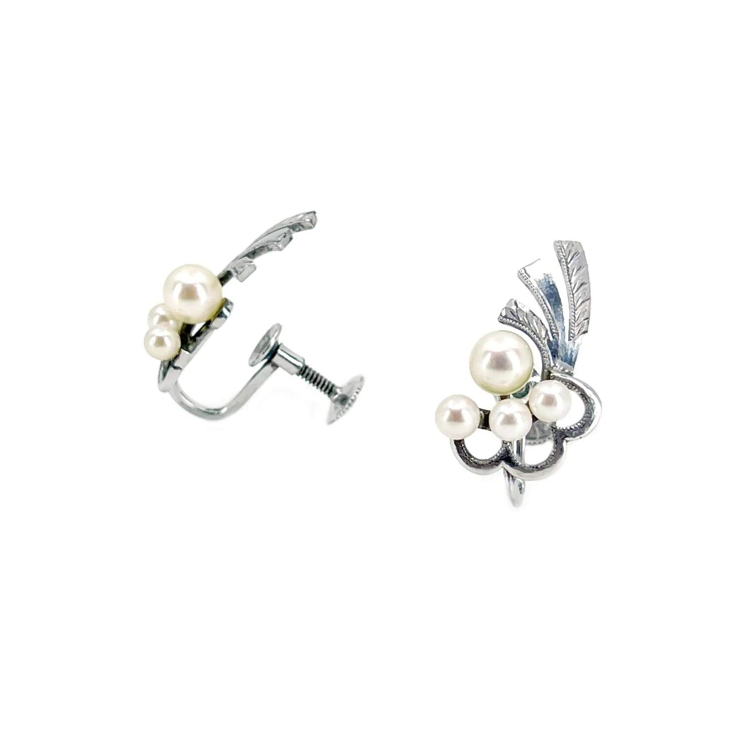 Vintage Deco Japan Akoya Saltwater Cultured Pearl Screwback Earrings- Sterling Silver