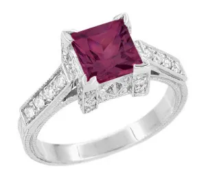 Vintage Inspired Art Deco 1 Carat Princess Cut Rhodolite Garnet and Diamond Engagement Ring in Platinum