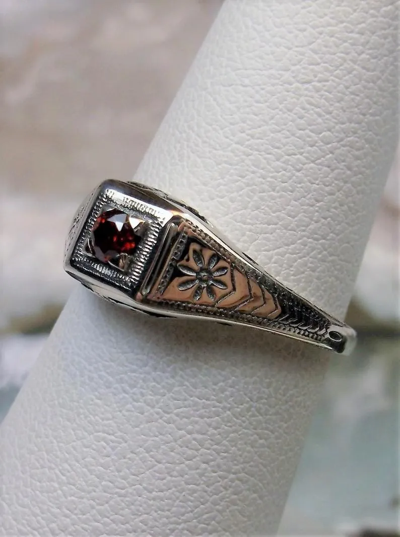 Wedding Ring, CZ or Natural Garnet, Art Deco Jewelry #D155