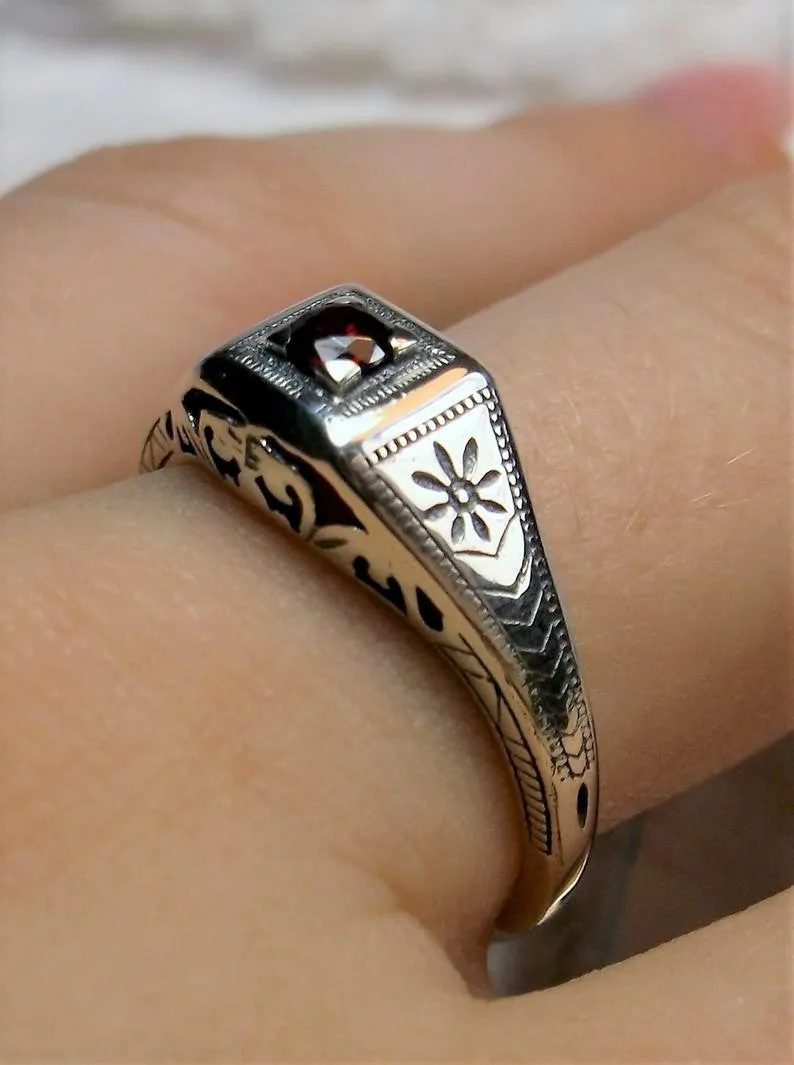 Wedding Ring, CZ or Natural Garnet, Art Deco Jewelry #D155