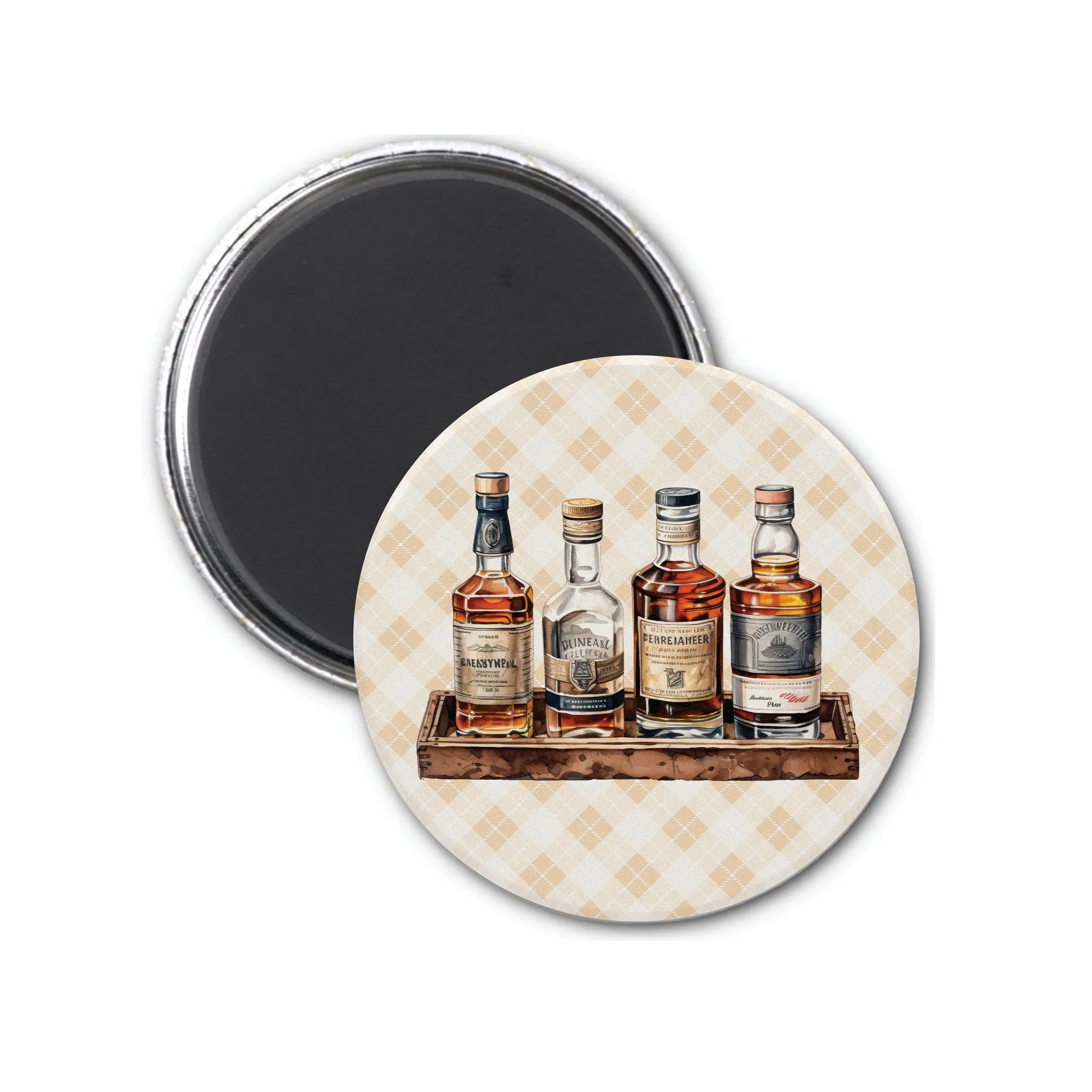 Whiskey Magnet** - Charming round magnet with whiskey bottles on brown tray, perfect for holding memories and notes, gift for whiskey lovers
