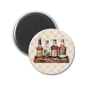 Whiskey Magnet** - Charming round magnet with whiskey bottles on brown tray, perfect for holding memories and notes, gift for whiskey lovers