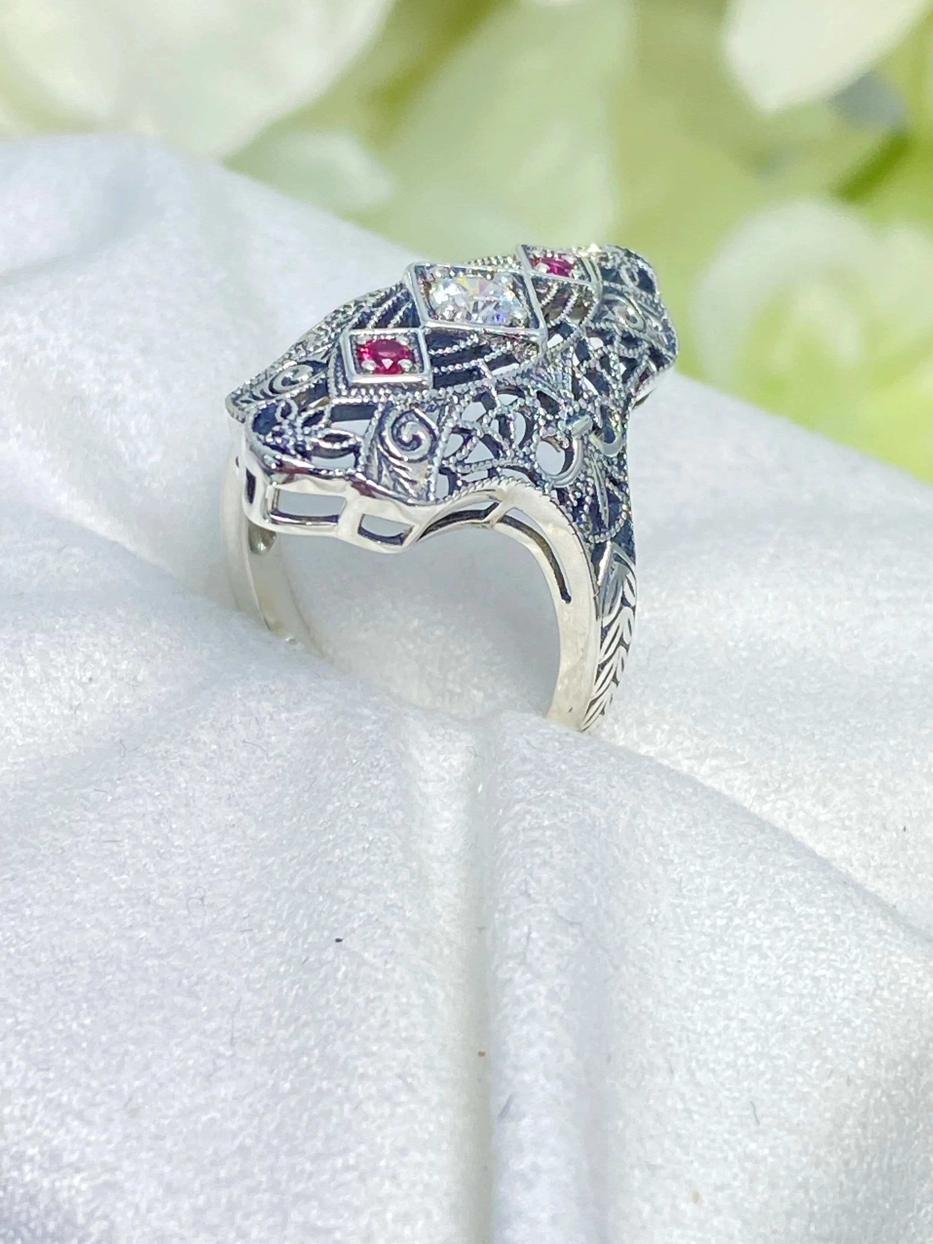 White CZ & Ruby Ring, Size 7, 1920s-30s Art Deco, Gatsby style Jewelry D593 - Ready to Ship