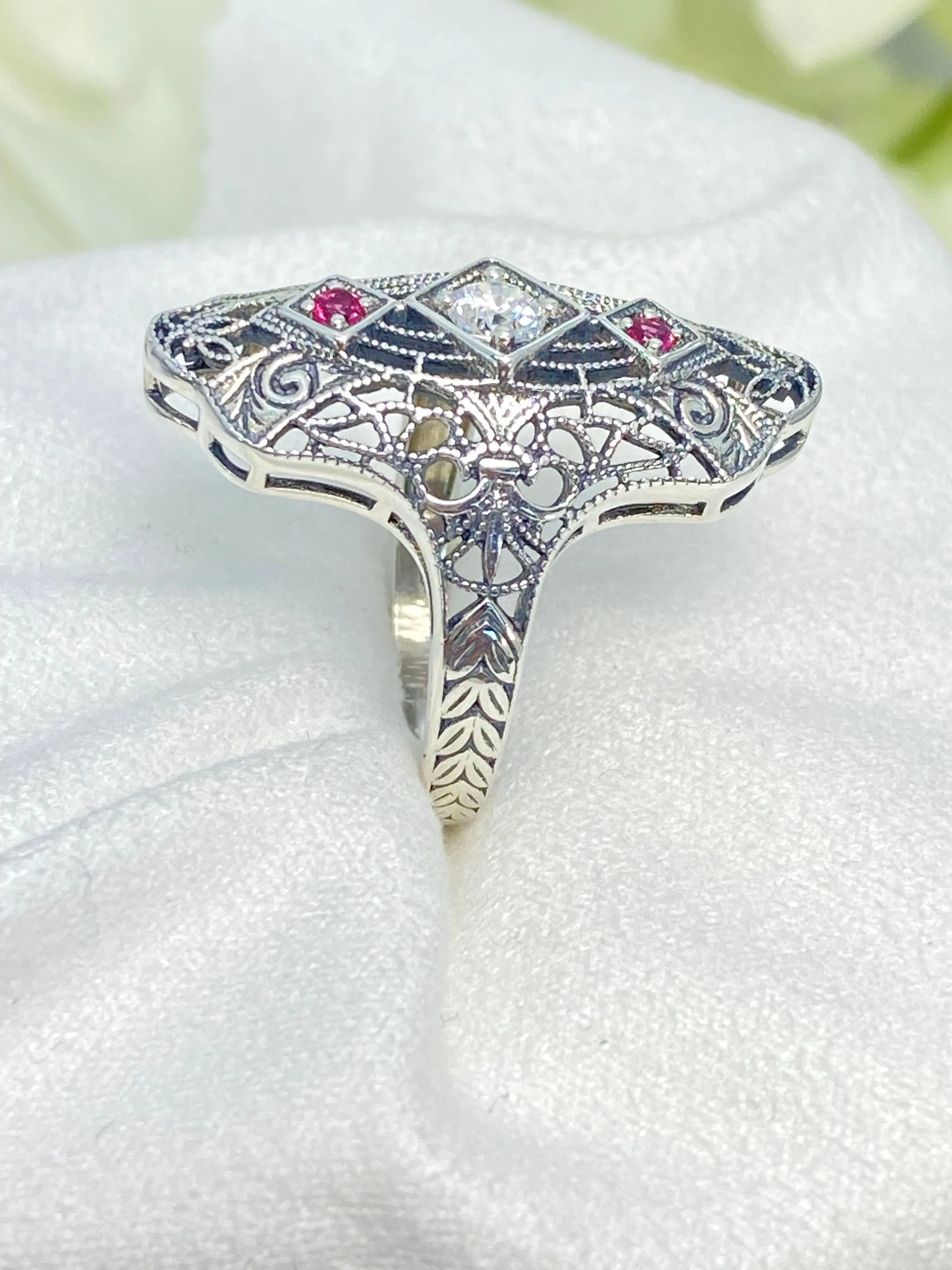 White CZ & Ruby Ring, Size 7, 1920s-30s Art Deco, Gatsby style Jewelry D593 - Ready to Ship