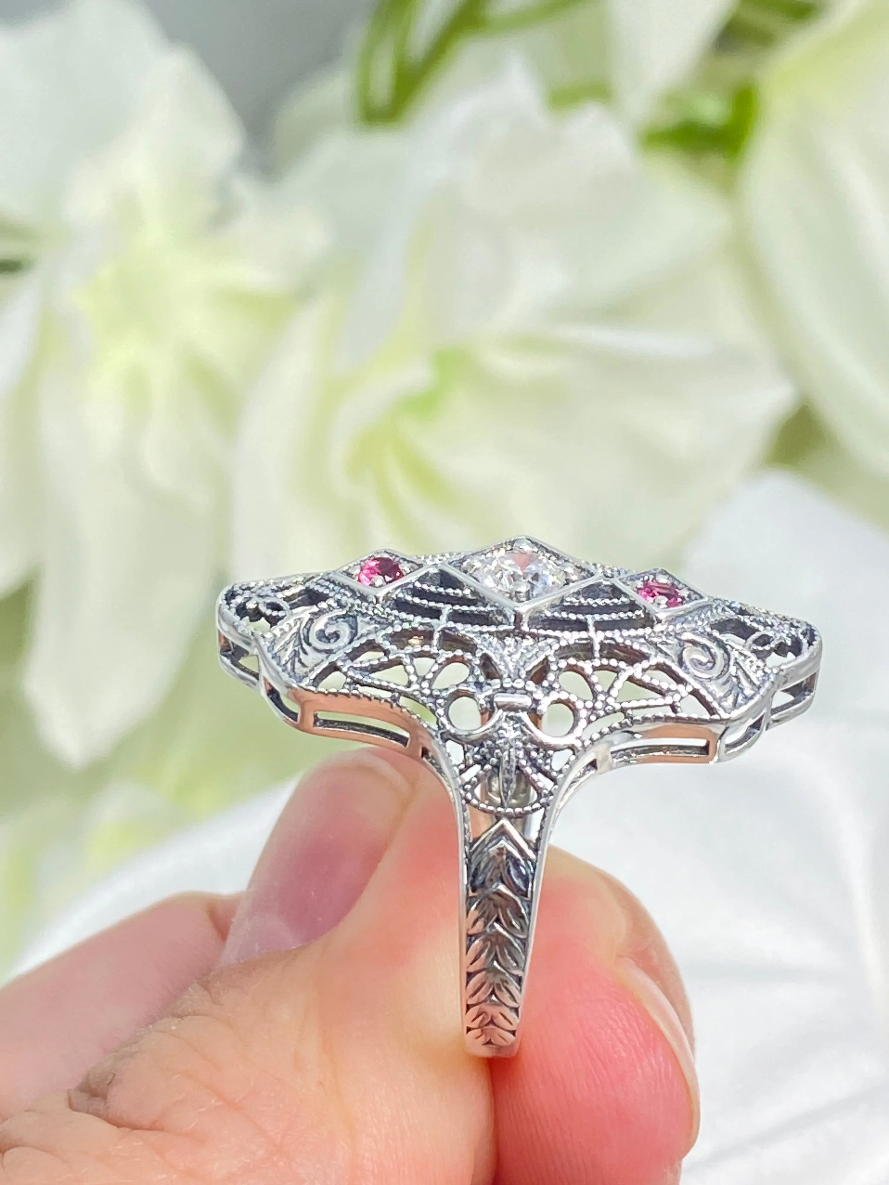 White CZ & Ruby Ring, Size 7, 1920s-30s Art Deco, Gatsby style Jewelry D593 - Ready to Ship