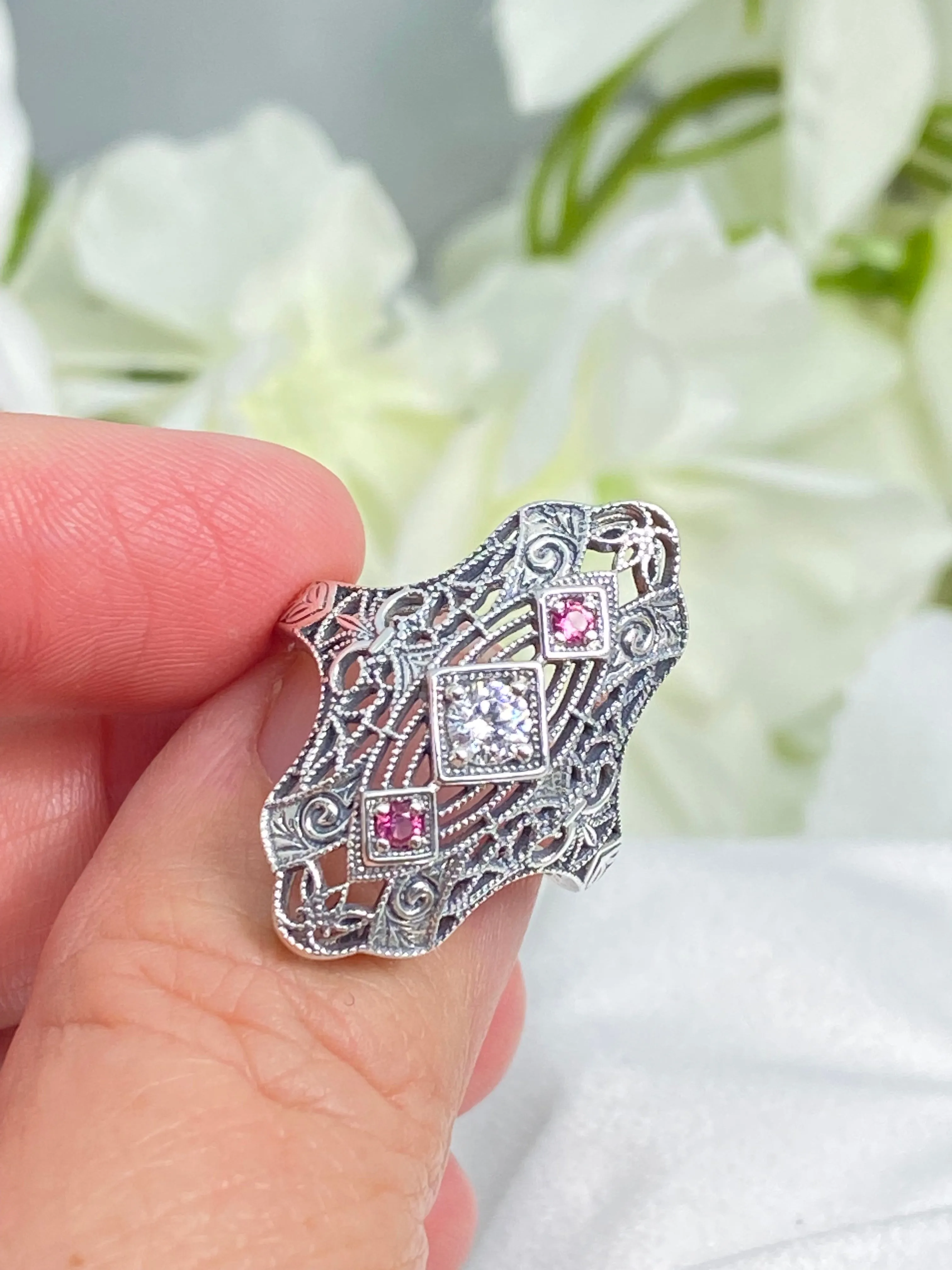 White CZ & Ruby Ring, Size 7, 1920s-30s Art Deco, Gatsby style Jewelry D593 - Ready to Ship