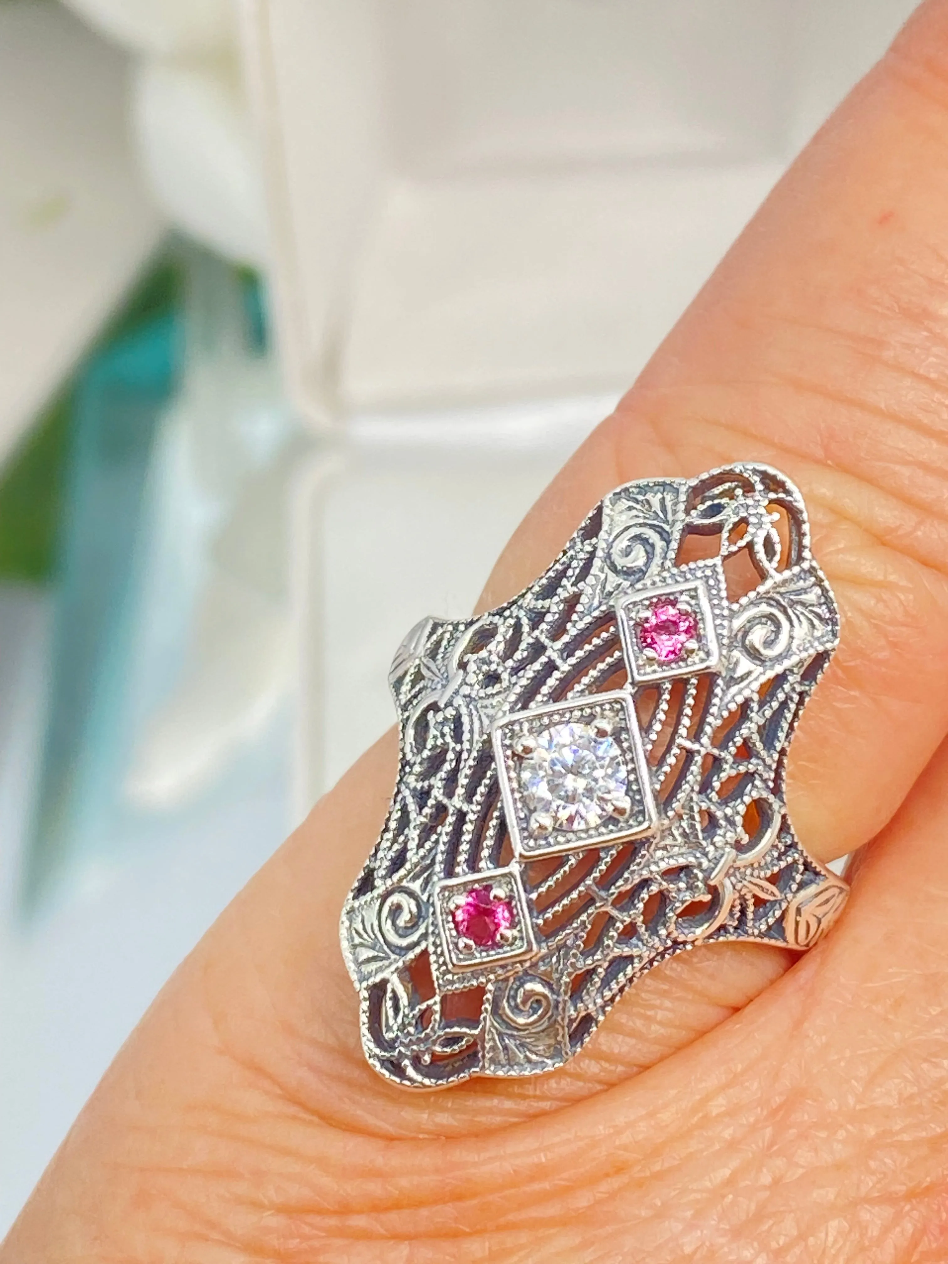 White CZ & Ruby Ring, Size 7, 1920s-30s Art Deco, Gatsby style Jewelry D593 - Ready to Ship