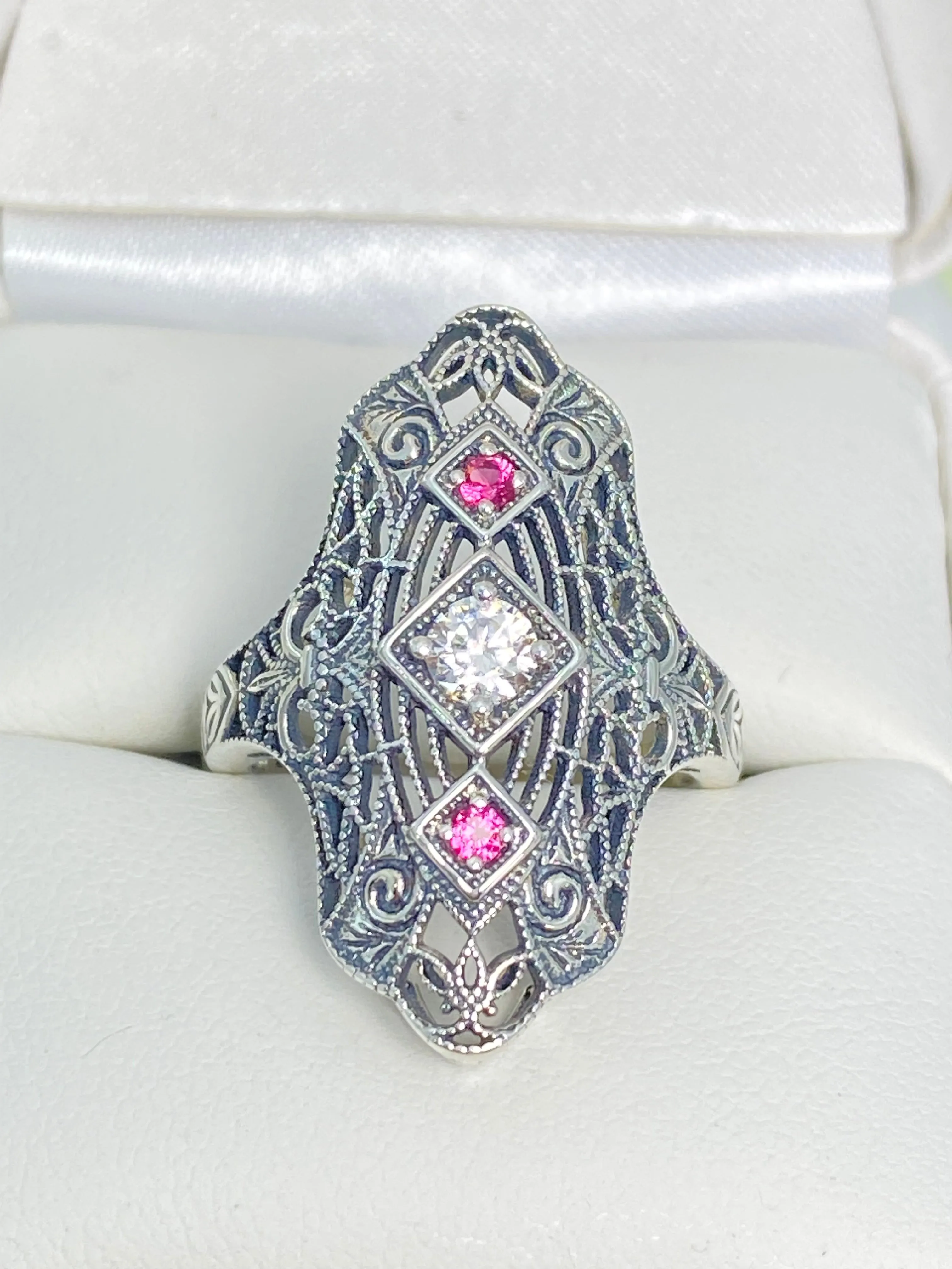 White CZ & Ruby Ring, Size 7, 1920s-30s Art Deco, Gatsby style Jewelry D593 - Ready to Ship