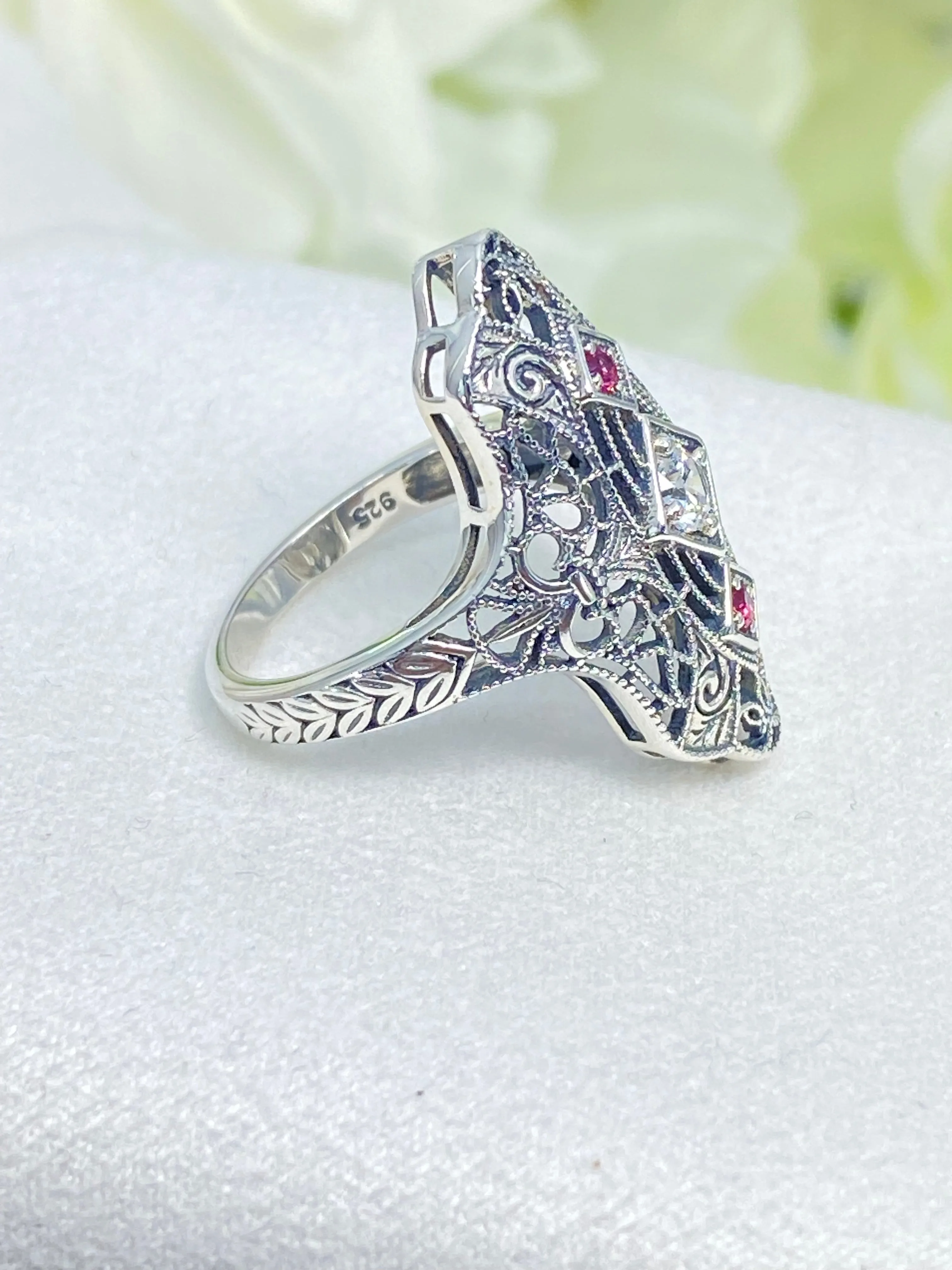 White CZ & Ruby Ring, Size 7, 1920s-30s Art Deco, Gatsby style Jewelry D593 - Ready to Ship