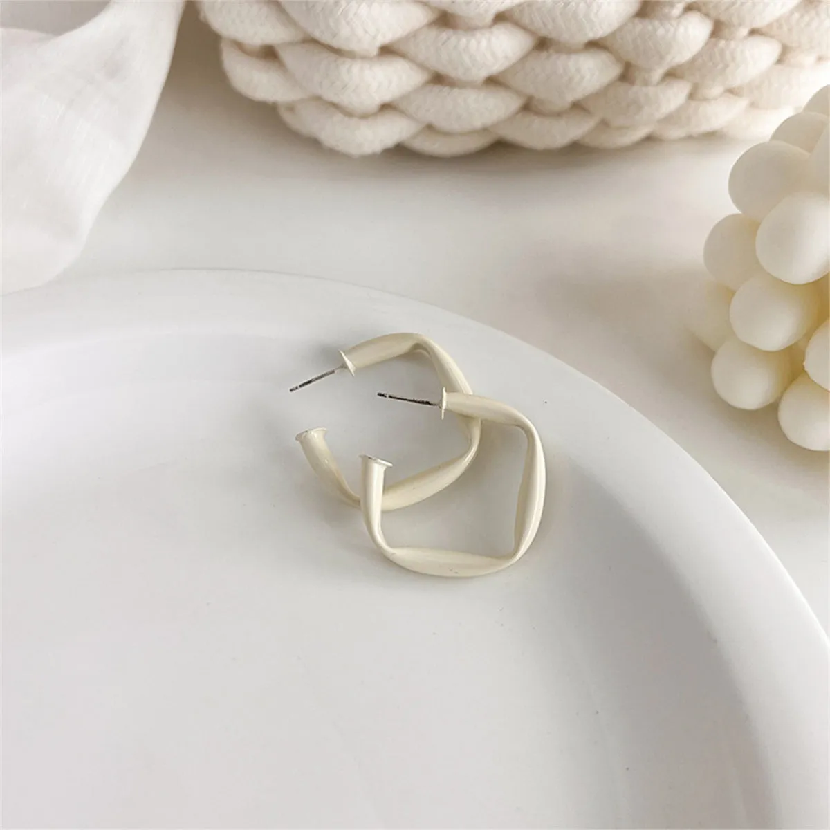White Enamel & Silver-Plated Twisted Square Drop Earrings