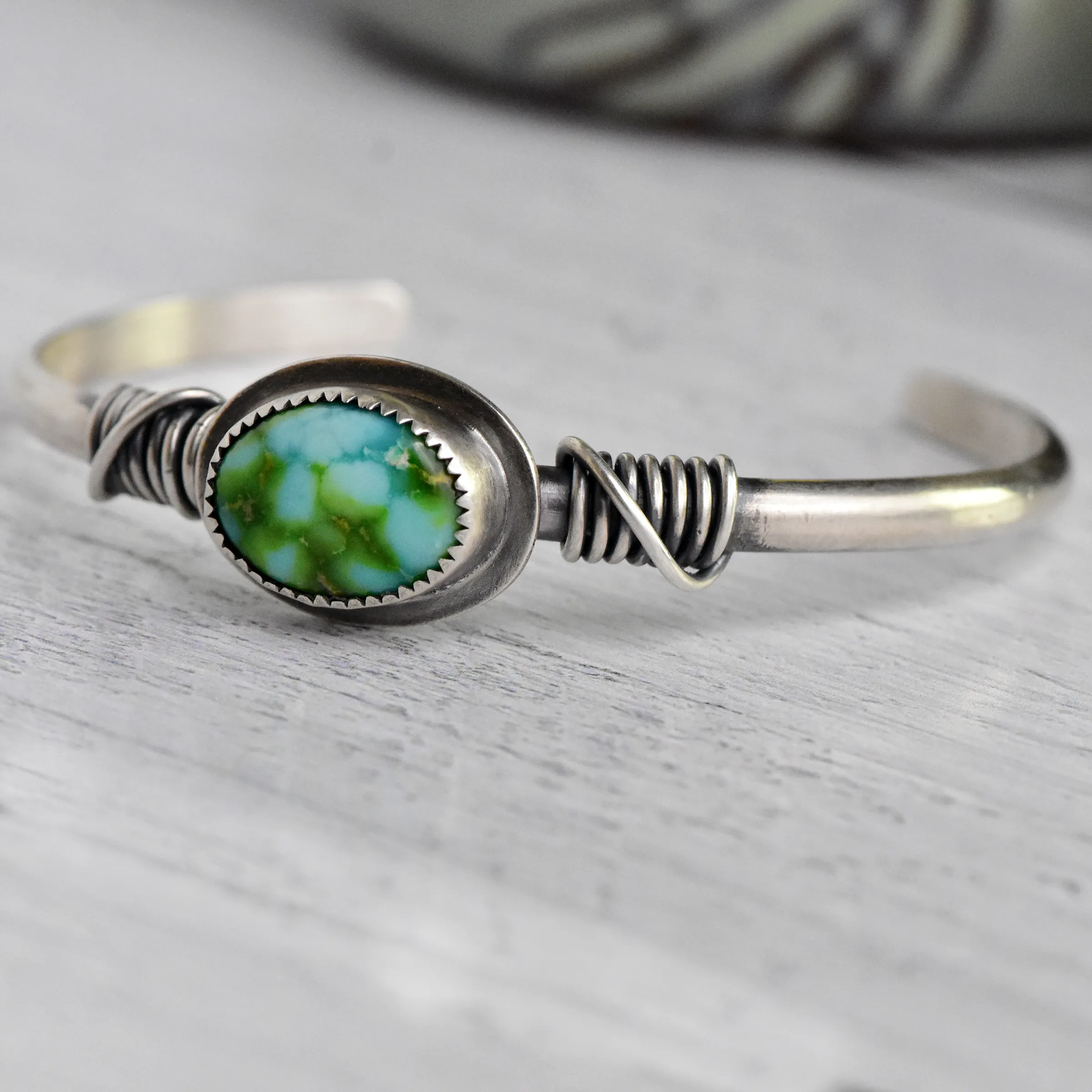 Wire-Wrapped Sterling Silver Cuff with Sonoran Gold Turquoise