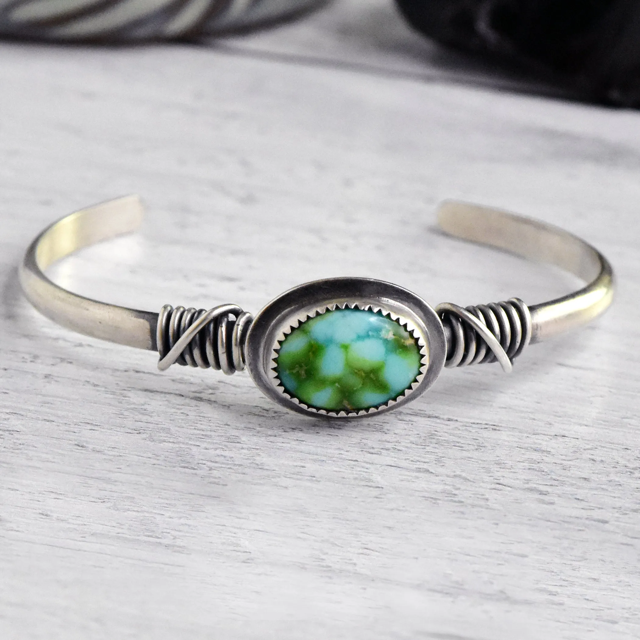 Wire-Wrapped Sterling Silver Cuff with Sonoran Gold Turquoise