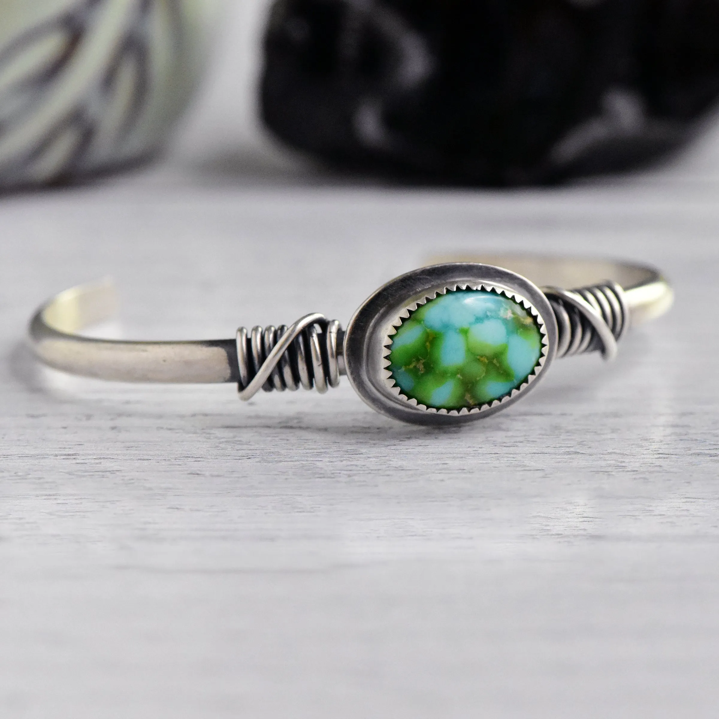 Wire-Wrapped Sterling Silver Cuff with Sonoran Gold Turquoise