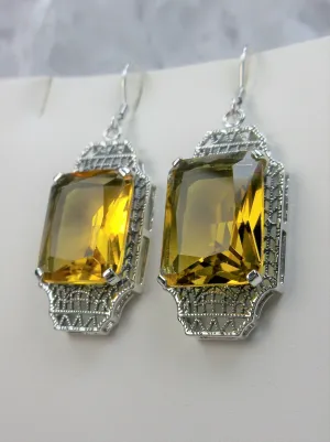 Yellow Citrine Earrings, Rectangle Gems, Art Deco Lantern-style Silver Filigree #E13