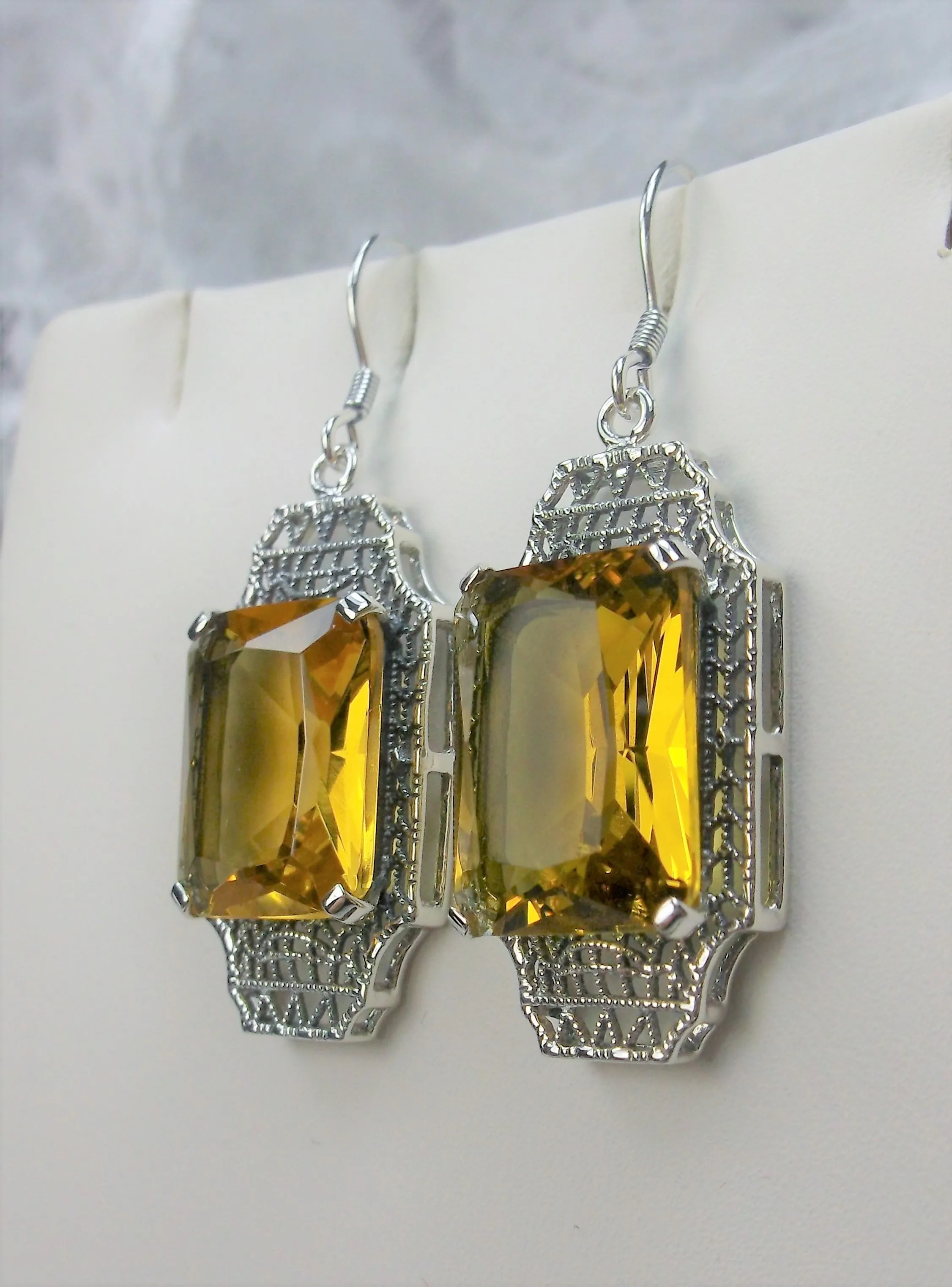 Yellow Citrine Earrings, Rectangle Gems, Art Deco Lantern-style Silver Filigree #E13