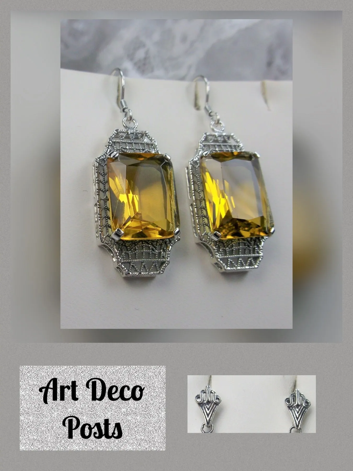 Yellow Citrine Earrings, Rectangle Gems, Art Deco Lantern-style Silver Filigree #E13