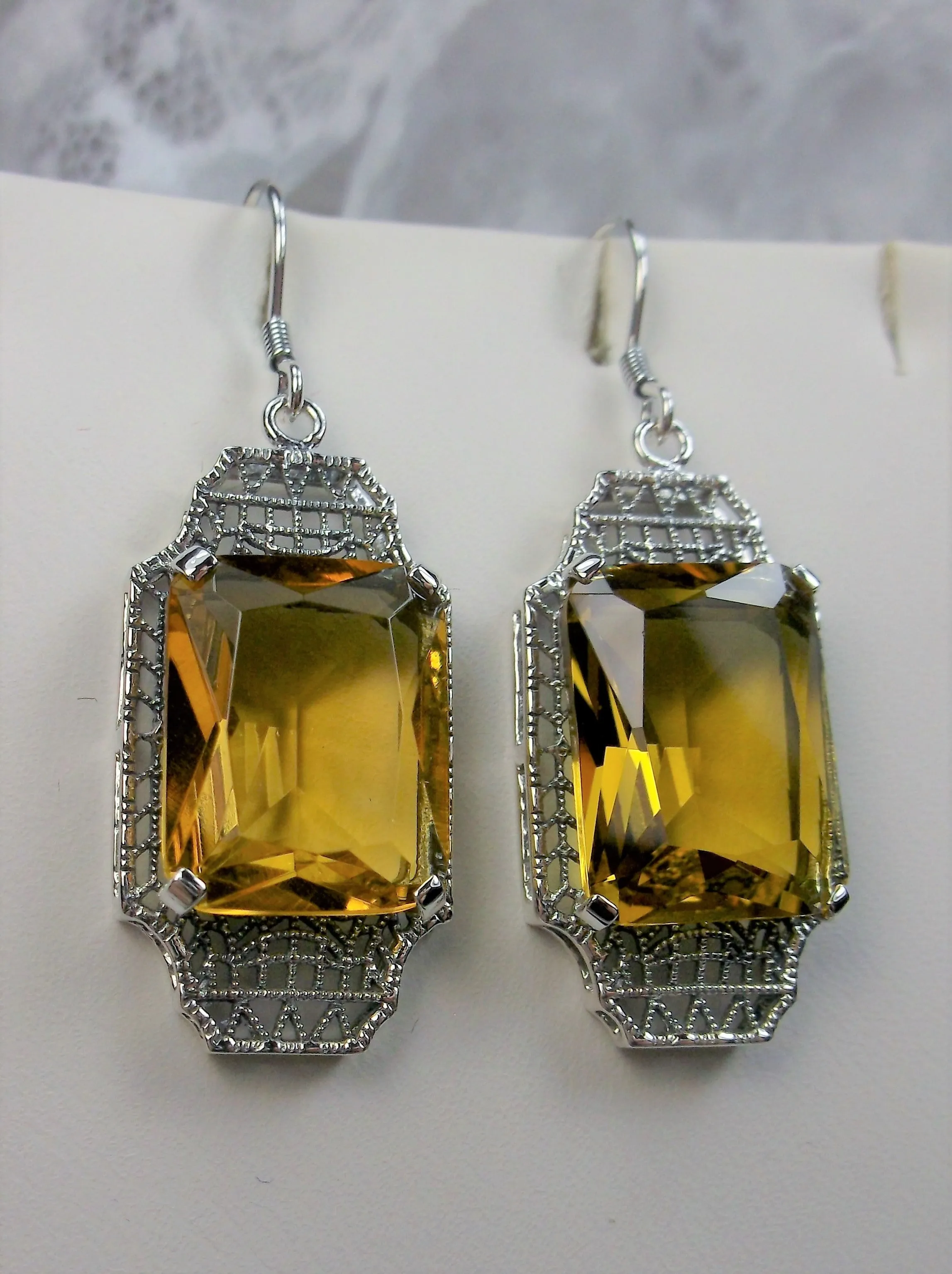 Yellow Citrine Earrings, Rectangle Gems, Art Deco Lantern-style Silver Filigree #E13