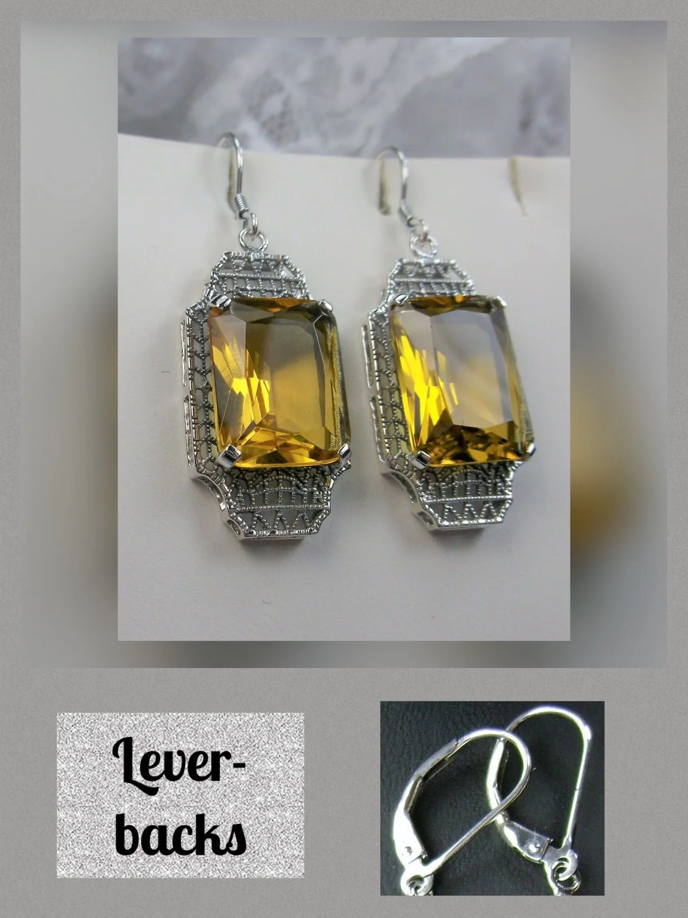Yellow Citrine Earrings, Rectangle Gems, Art Deco Lantern-style Silver Filigree #E13