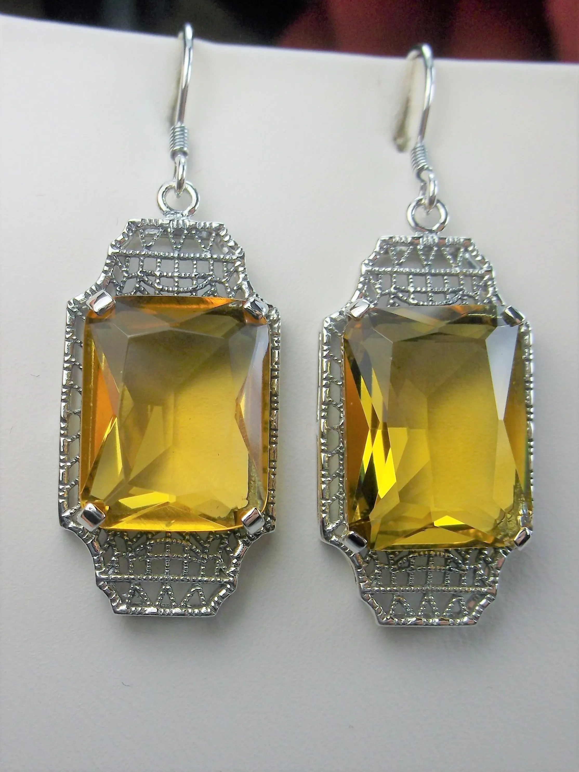 Yellow Citrine Earrings, Rectangle Gems, Art Deco Lantern-style Silver Filigree #E13