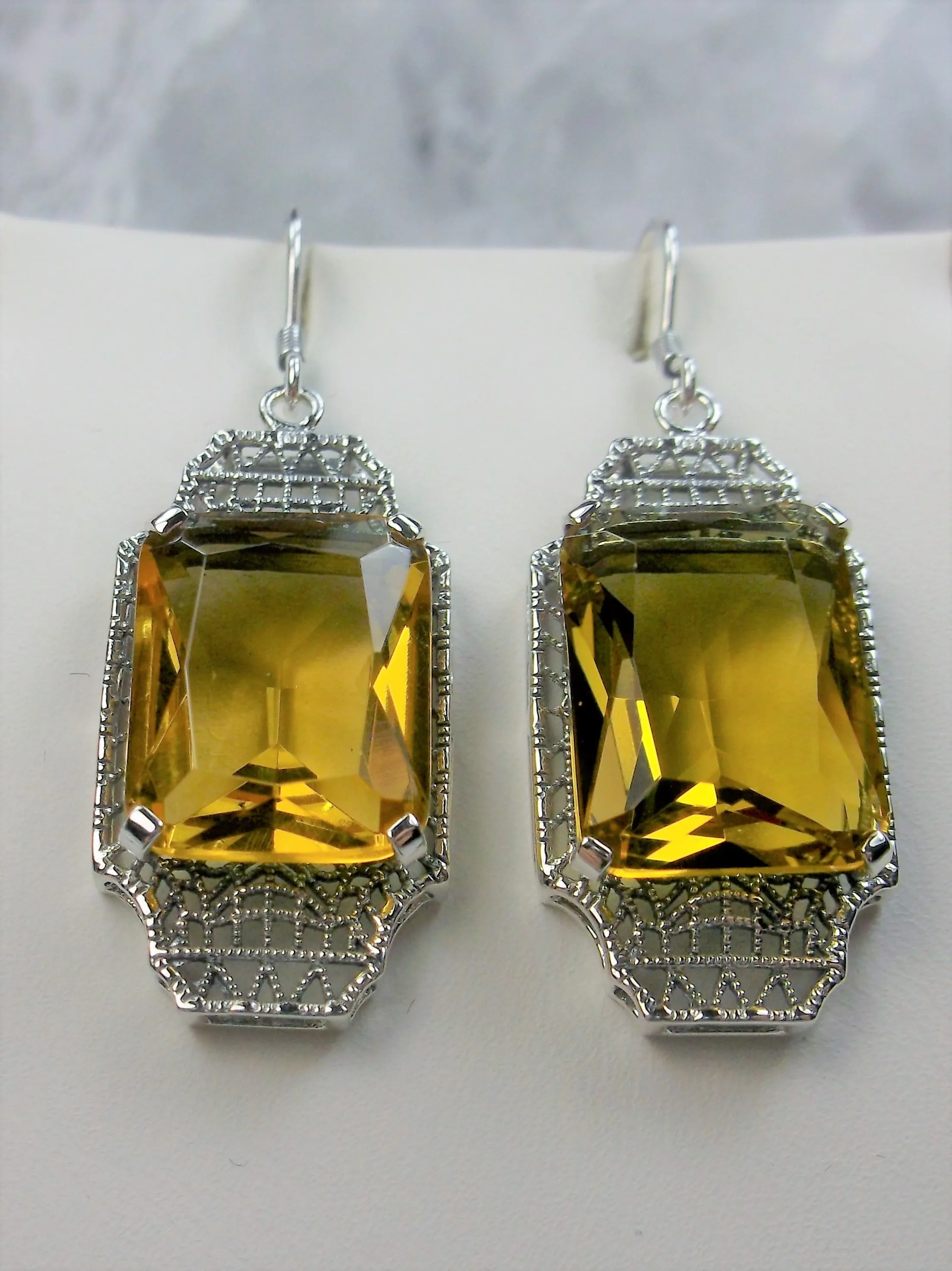Yellow Citrine Earrings, Rectangle Gems, Art Deco Lantern-style Silver Filigree #E13