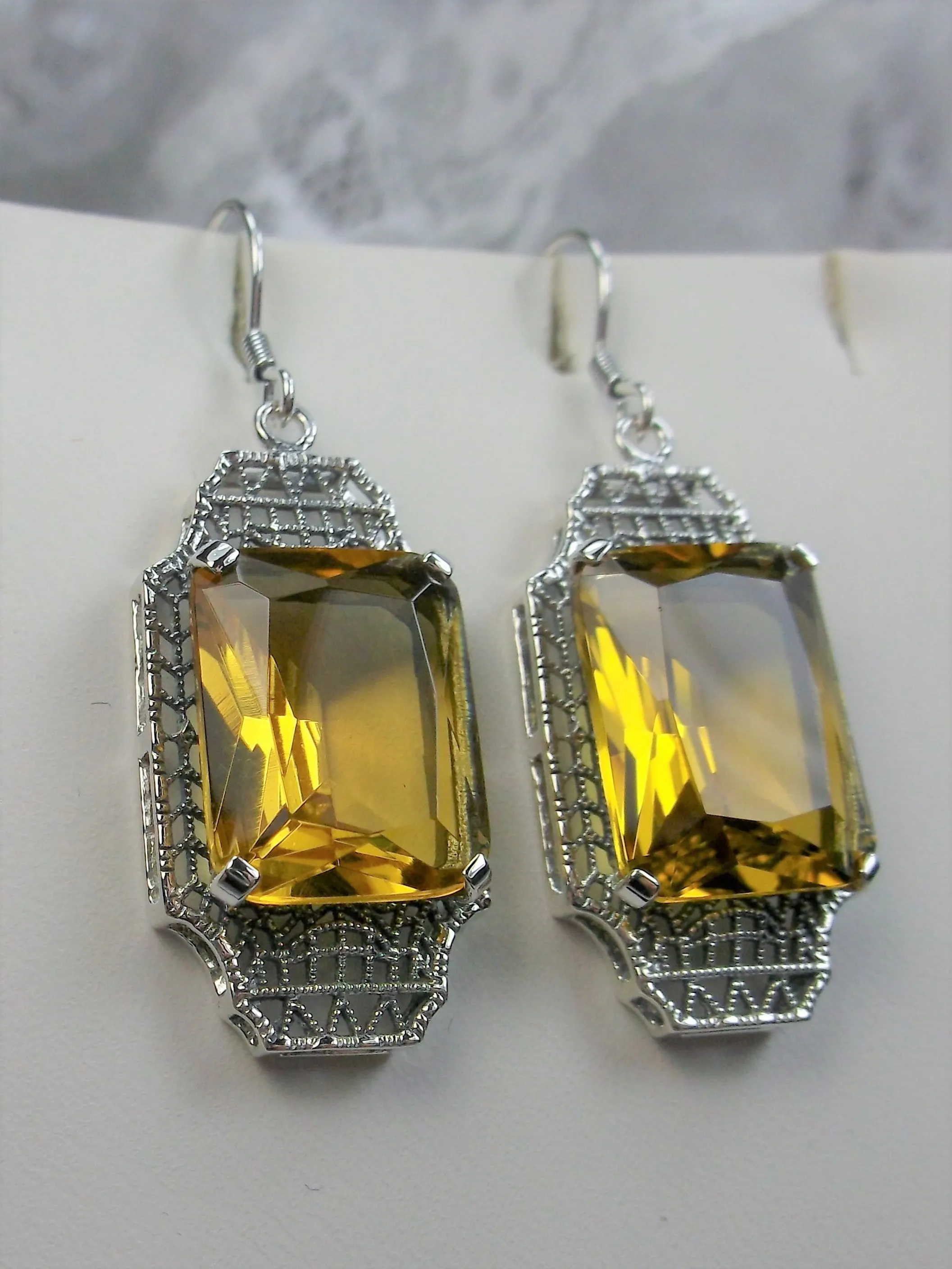 Yellow Citrine Earrings, Rectangle Gems, Art Deco Lantern-style Silver Filigree #E13