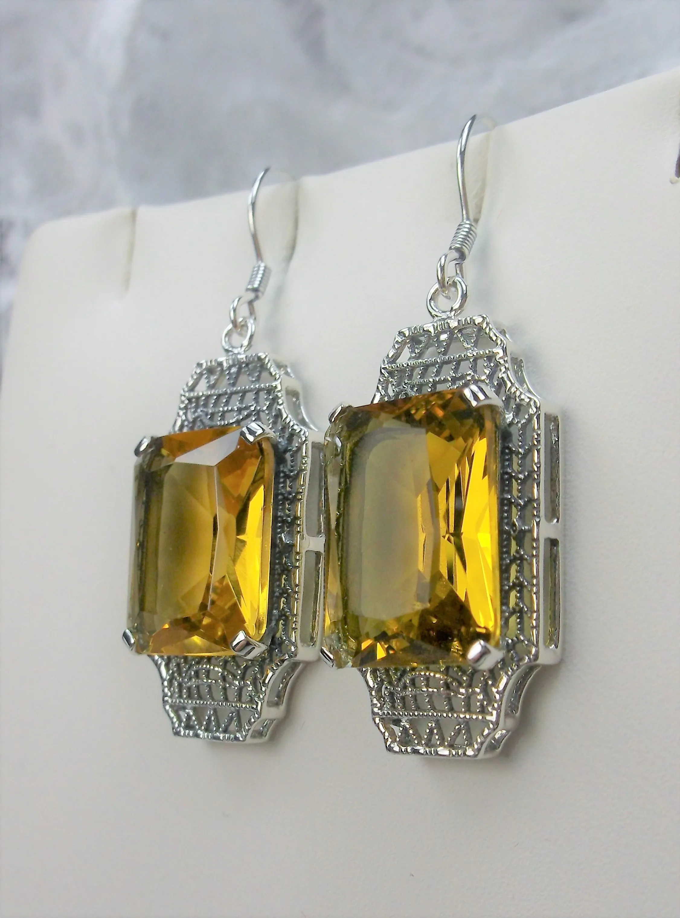 Yellow Citrine Earrings, Rectangle Gems, Art Deco Lantern-style Silver Filigree #E13
