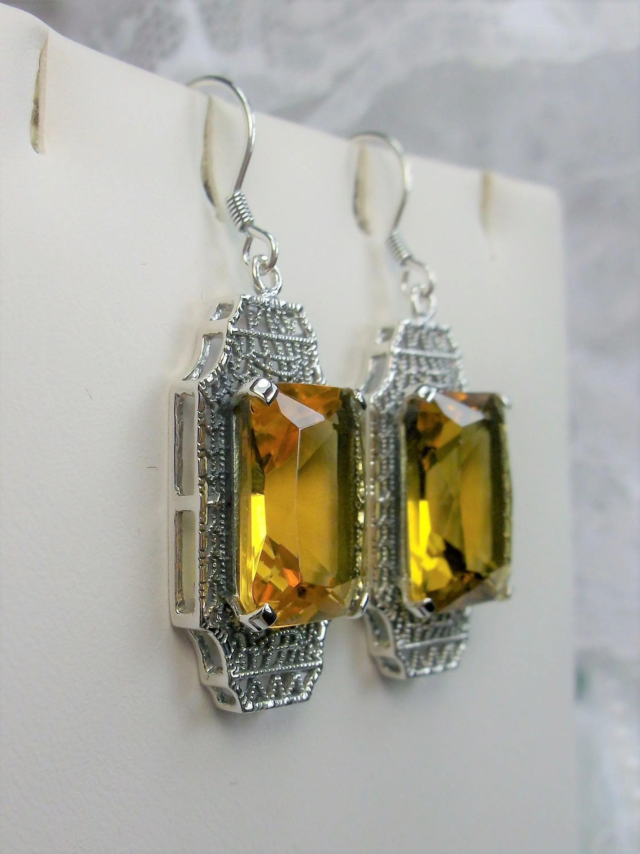 Yellow Citrine Earrings, Rectangle Gems, Art Deco Lantern-style Silver Filigree #E13